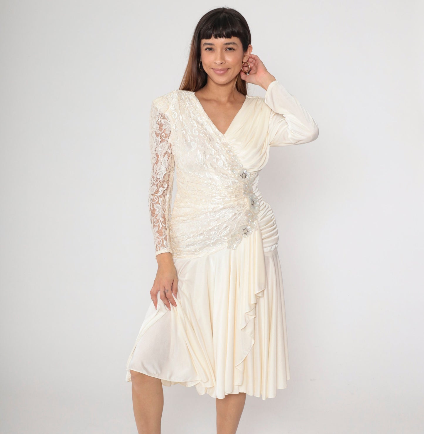 80s Off-White Lace Midi Dress Beaded Sequin V-Neck Puff Sleeve Small
