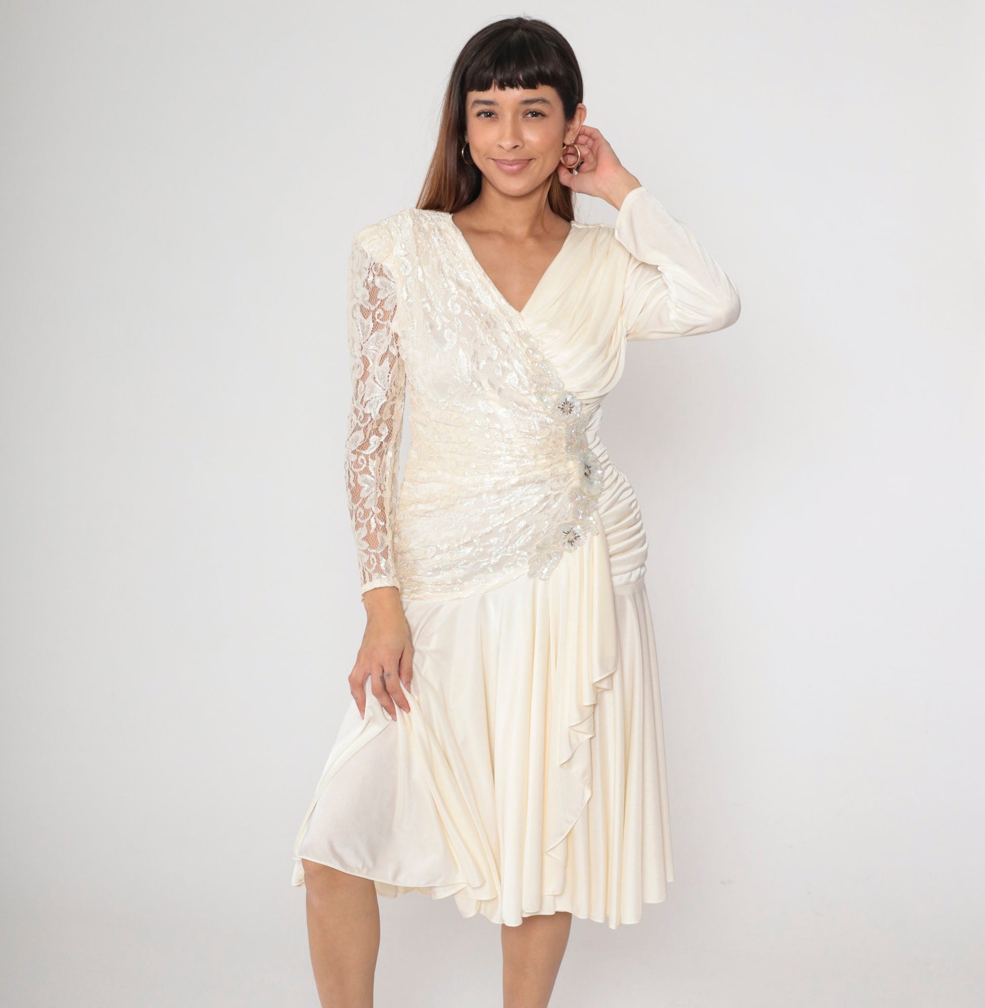 80s Off-White Lace Midi Dress Beaded Sequin V-Neck Puff Sleeve Small
