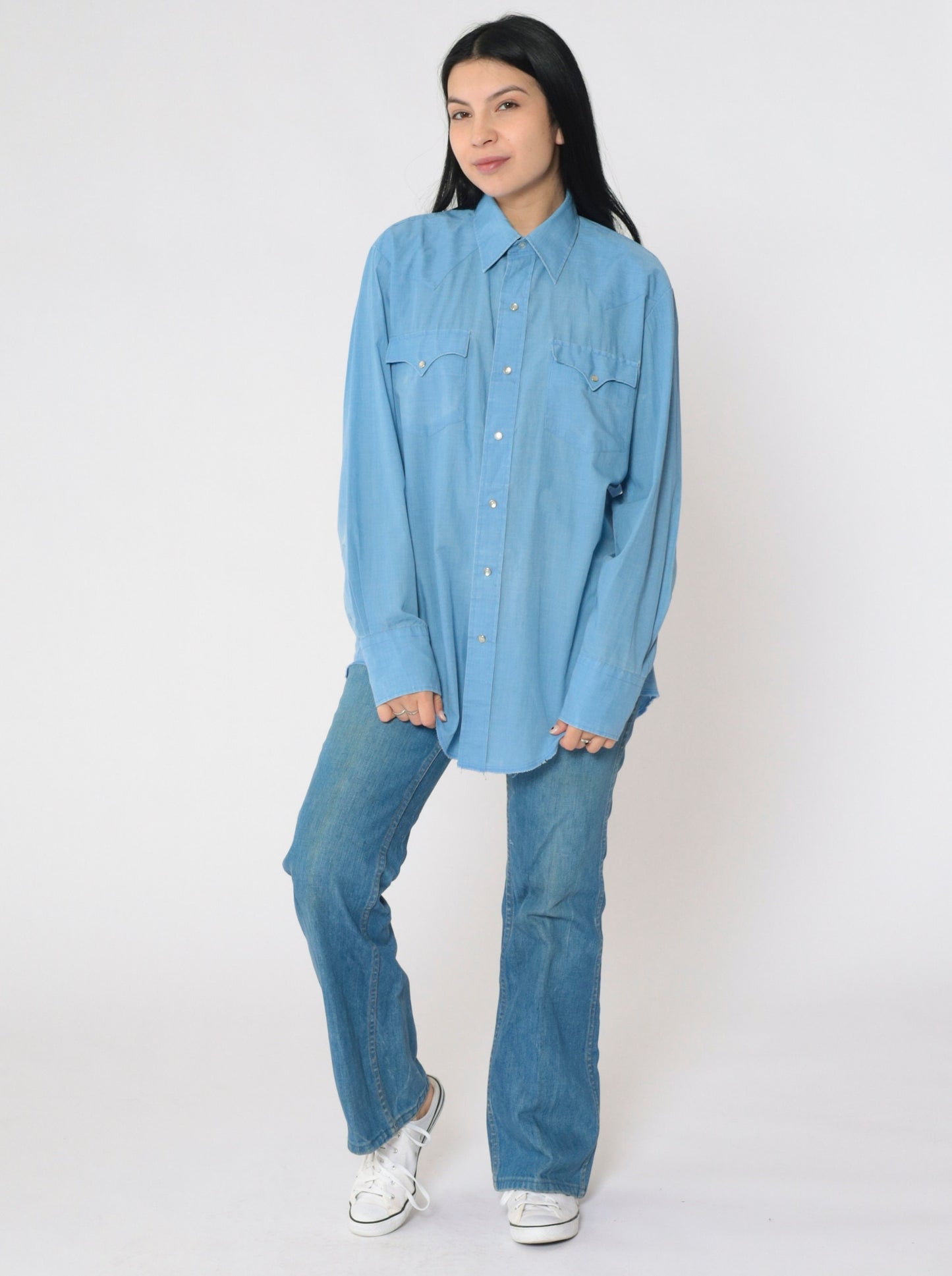80s Blue Pearl Snap Western Shirt Men's Medium Long Sleeve Button Up