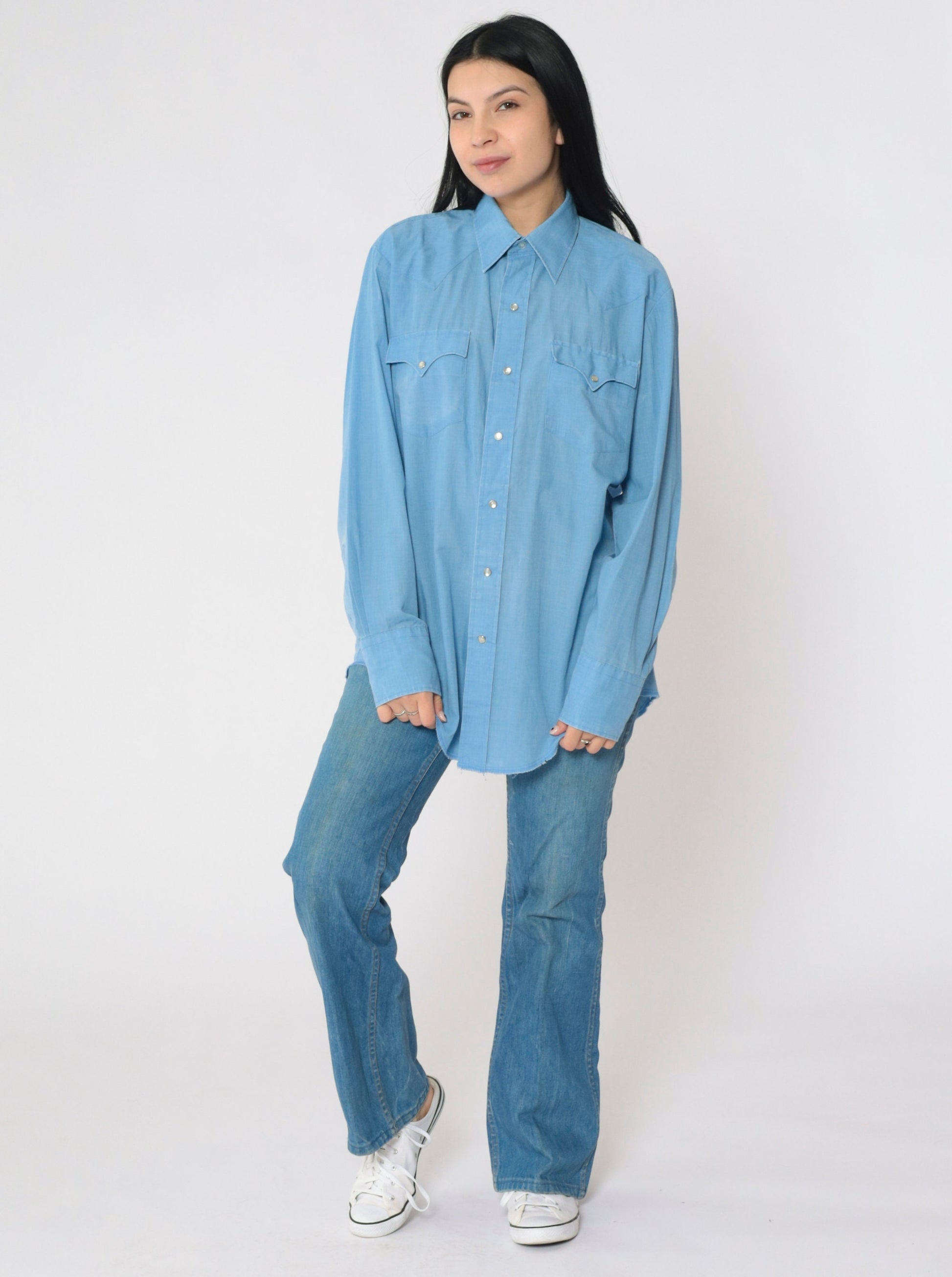 80s Blue Pearl Snap Western Shirt Men's Medium Long Sleeve Button Up