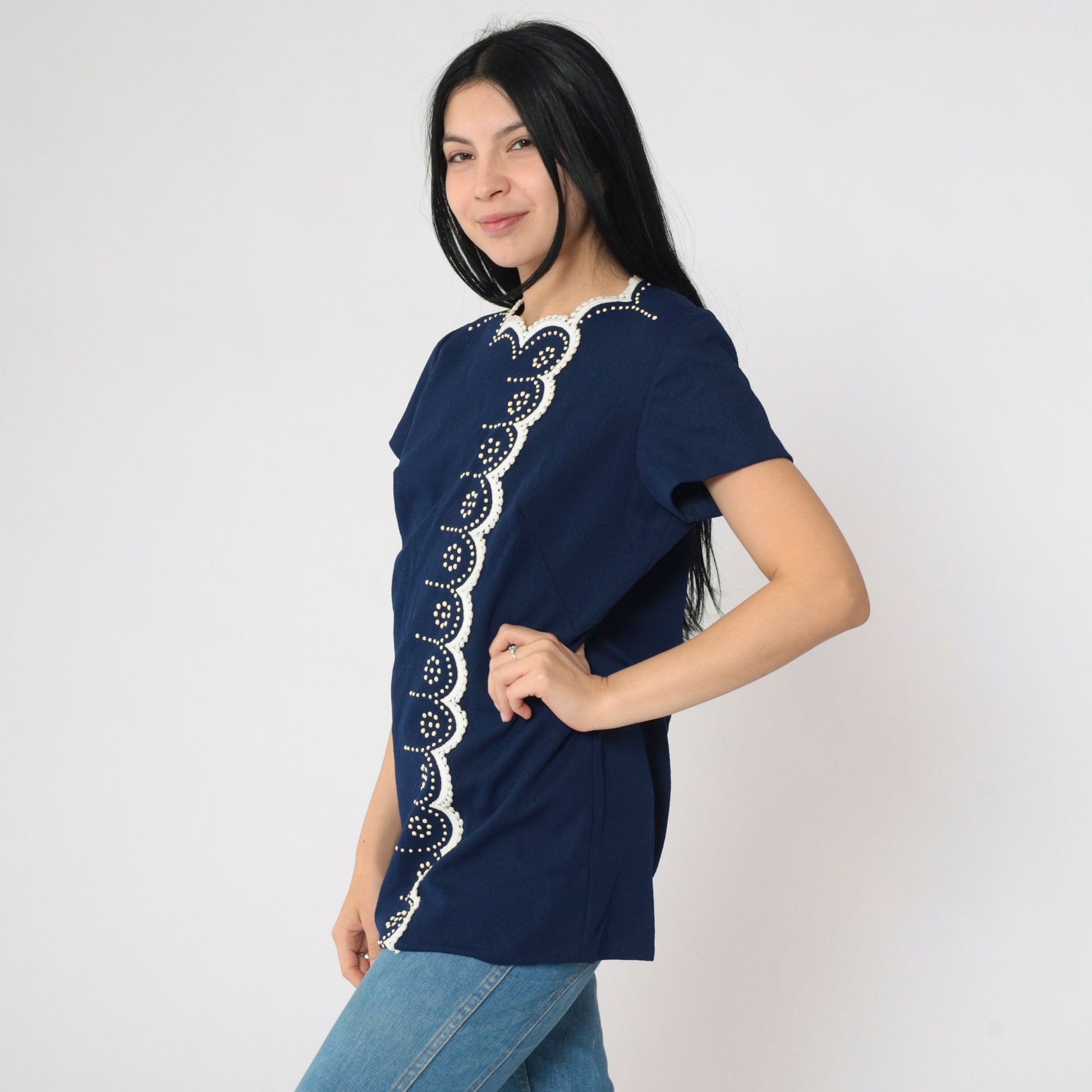 60s Navy Tunic Top Scalloped Lace Trim Mod Dot Print Short Sleeve Medium