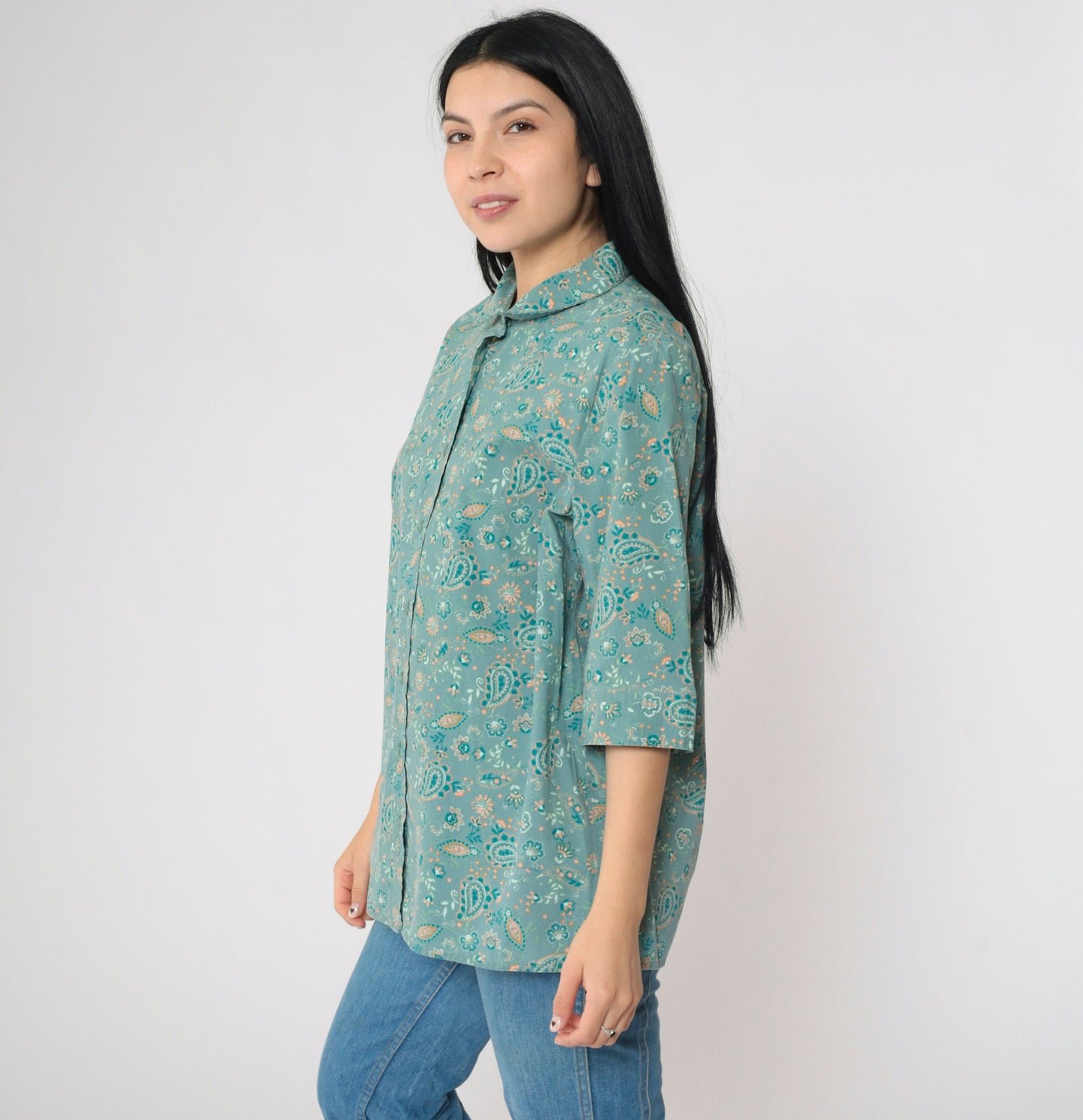 Y2K Green Orange Paisley Button-Up Blouse 3/4 Sleeve Collared Top Medium