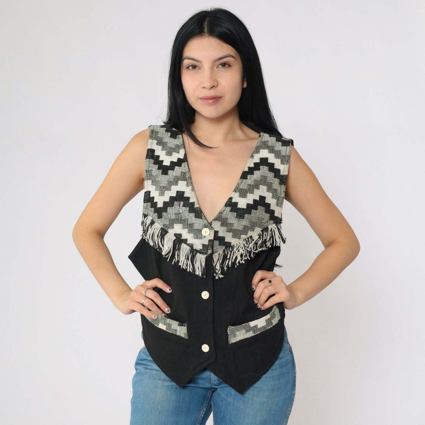 90s Southwestern Tapestry Vest Fringe Trim Black White Geometric Button Up Medium