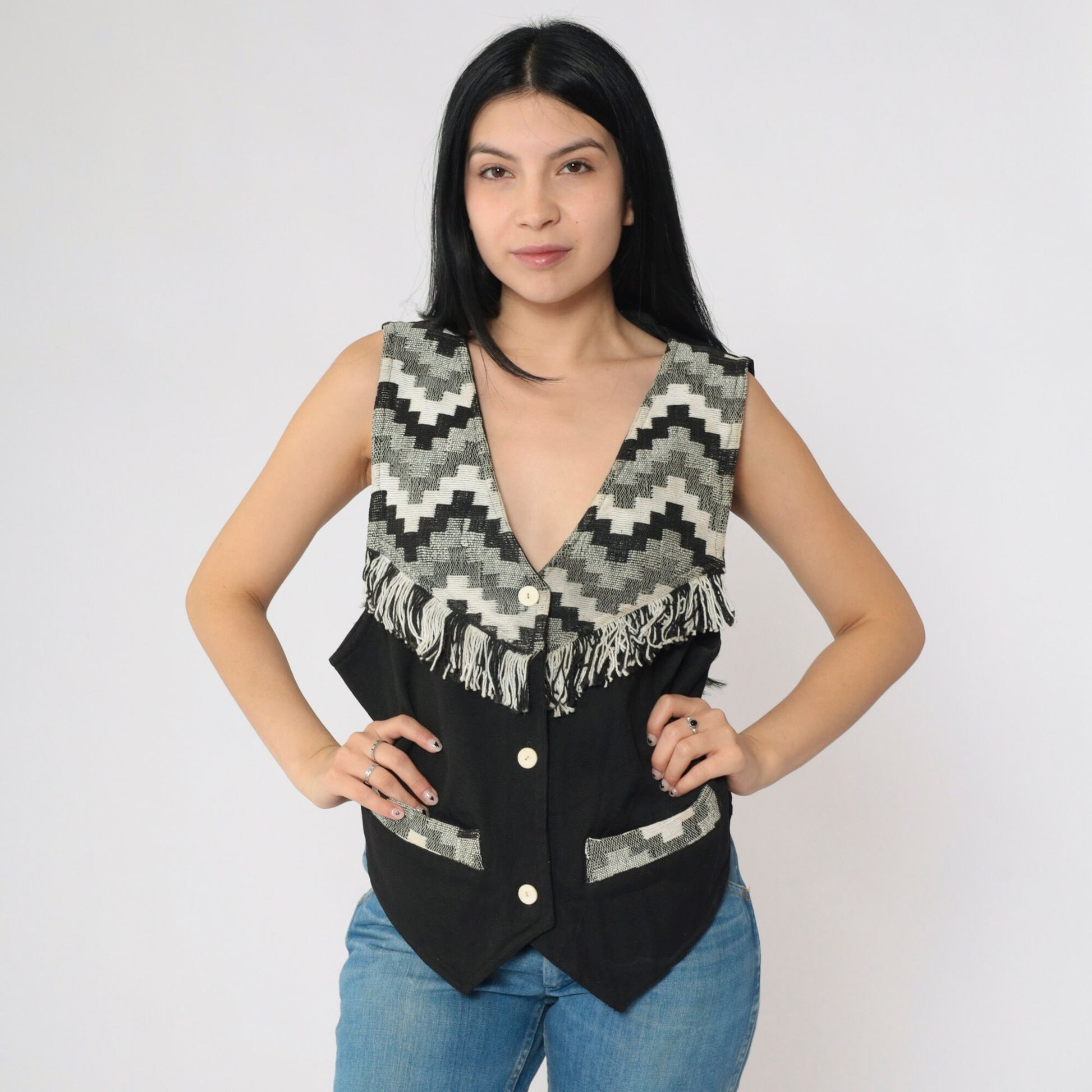 90s Southwestern Tapestry Vest Fringe Trim Black White Geometric Button Up Medium