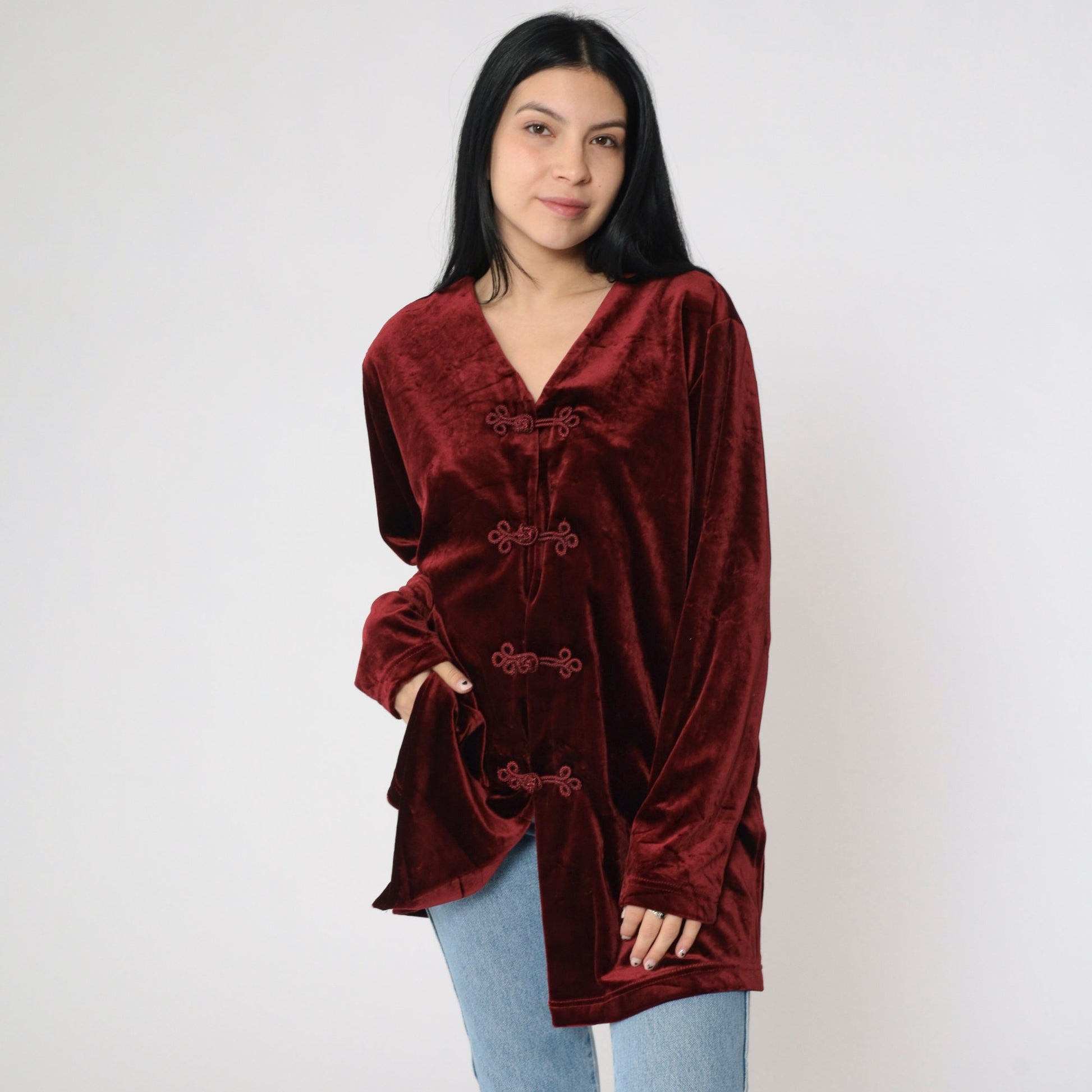 Y2K Burgundy Velvet Mandarin Collar Blouse Frog Closure Long Sleeve Large