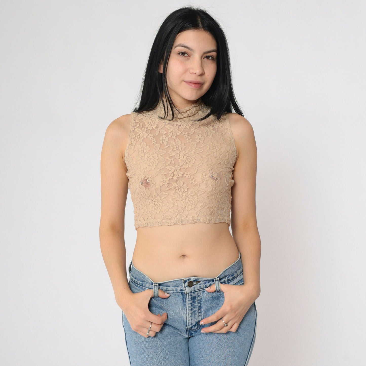 Y2K Beige Floral Lace Tank Top Mock Neck Crop Sleeveless Small S