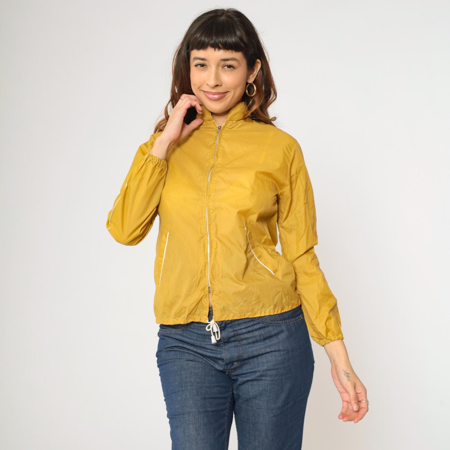 70s Mustard Yellow Windbreaker Jacket Zip Up White Trim Extra Small