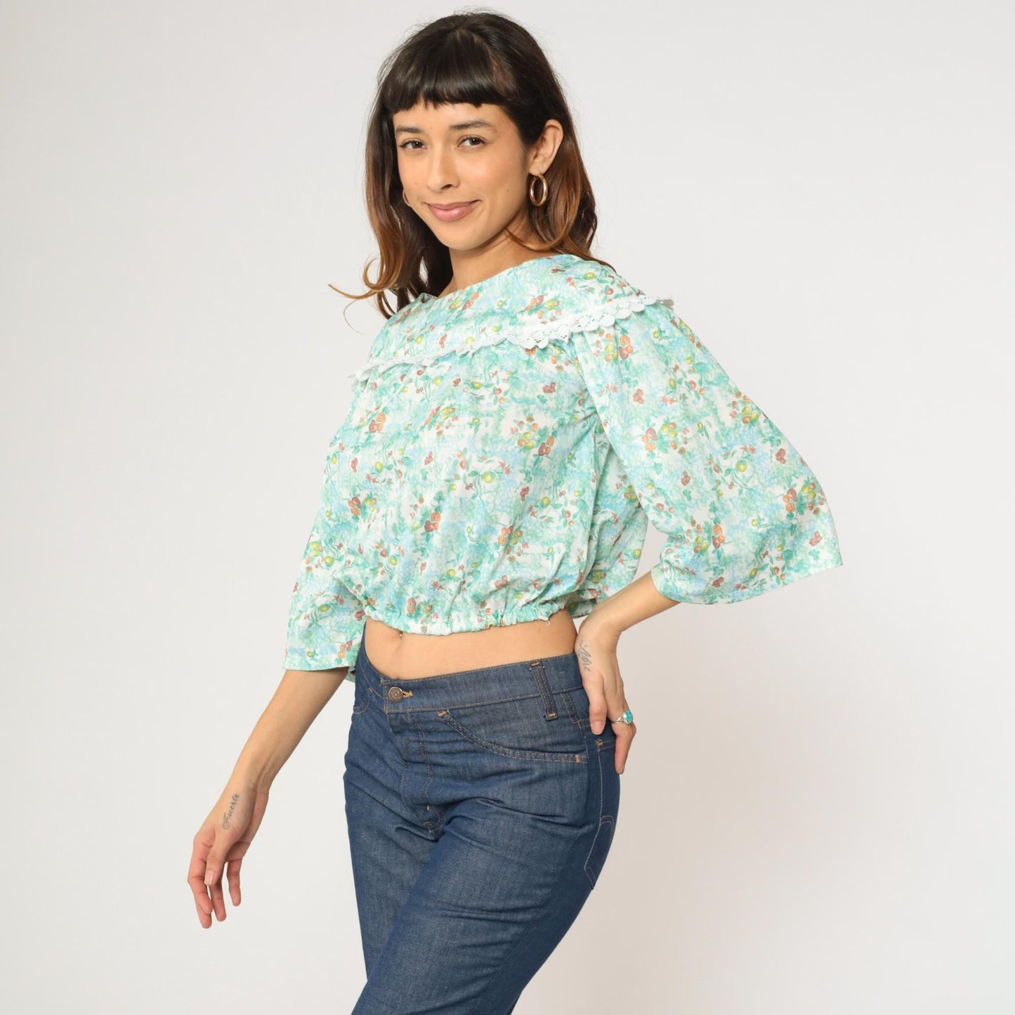 70s Peasant Blouse Fruit Print Crop Top Blue Green 3/4 Sleeve Extra Small