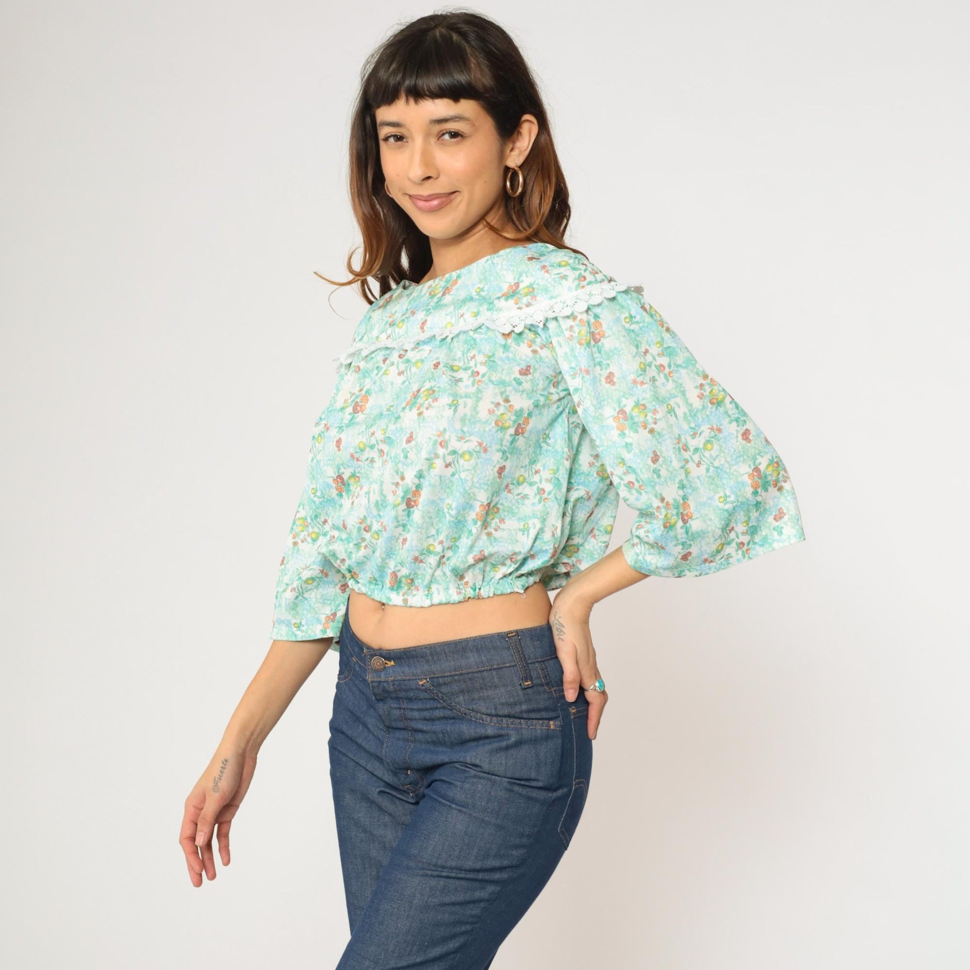 70s Peasant Blouse Fruit Print Crop Top Blue Green 3/4 Sleeve Extra Small