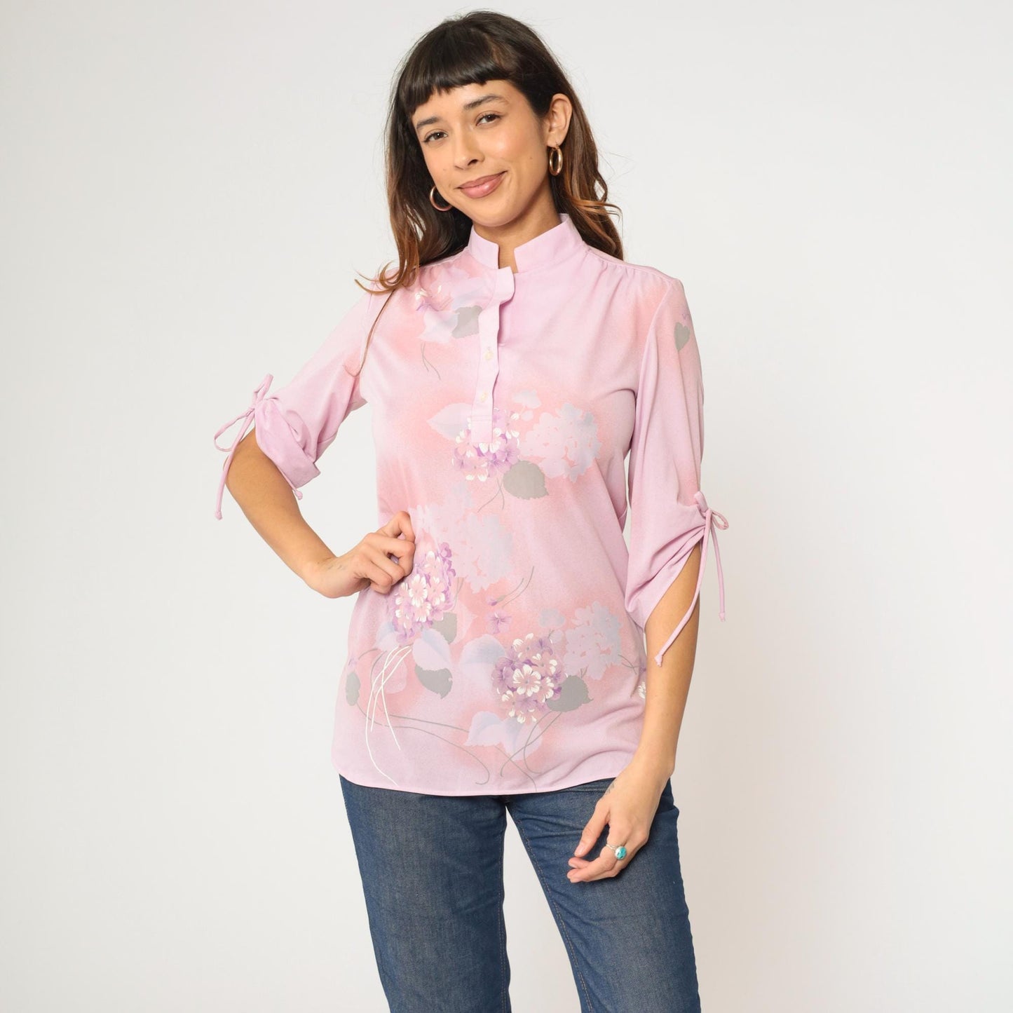 70s Lavender Pink Floral Mandarin Collar Blouse Tunic Small S
