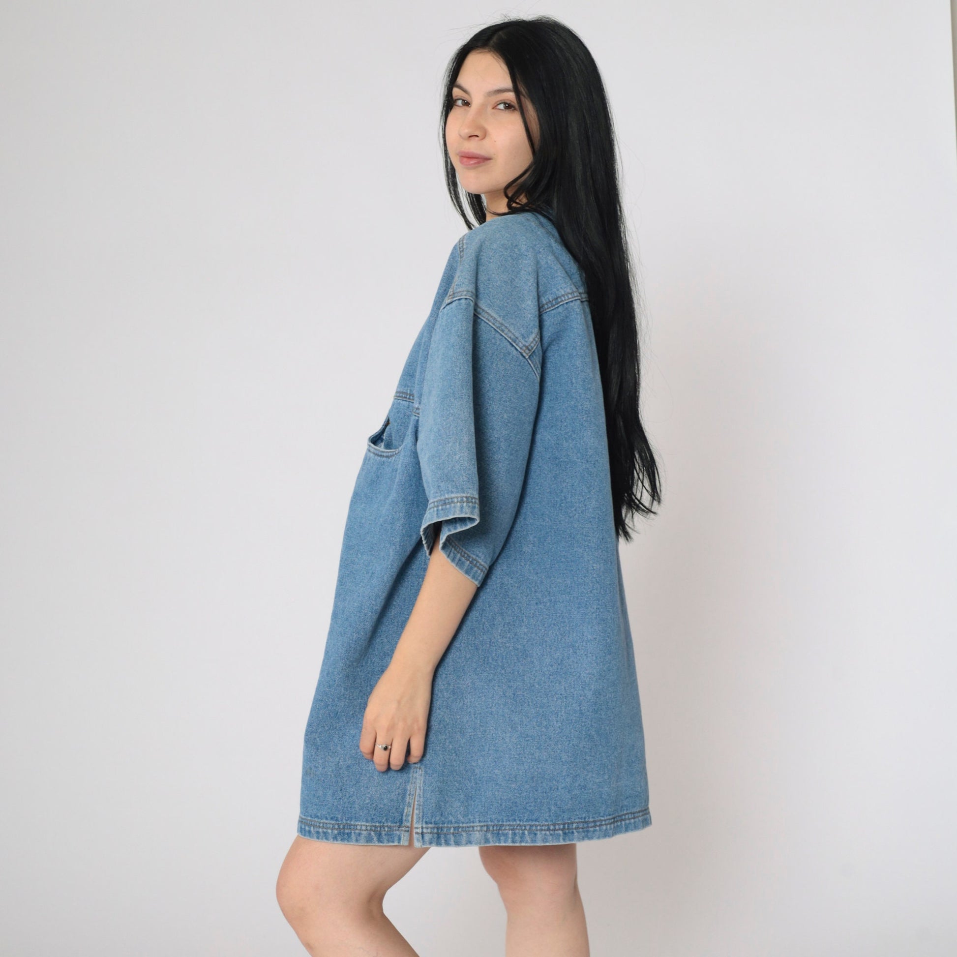 90s Pure Gear Denim Mini Dress Blue Utility Pockets Short Sleeve Extra Large