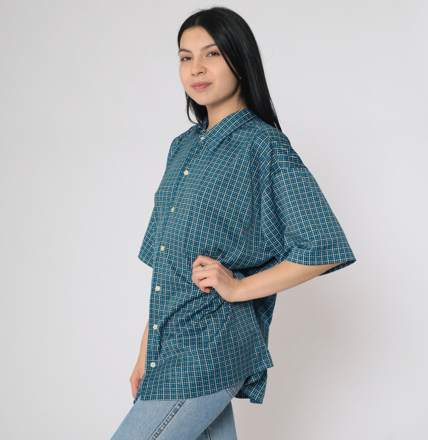 Gap Y2K Blue Houndstooth Button-Up Shirt Men's Extra Large XL