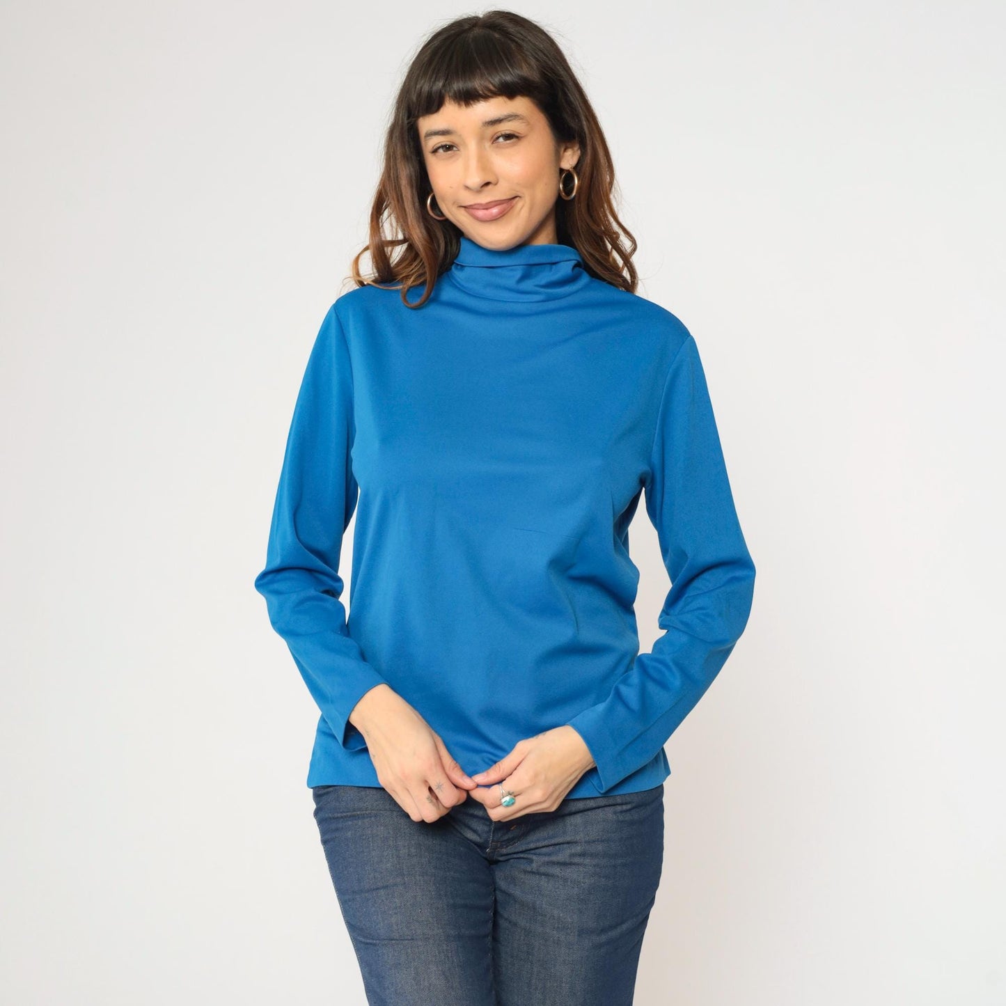70s Bright Blue Turtleneck Long Sleeve Polyester Shirt Medium