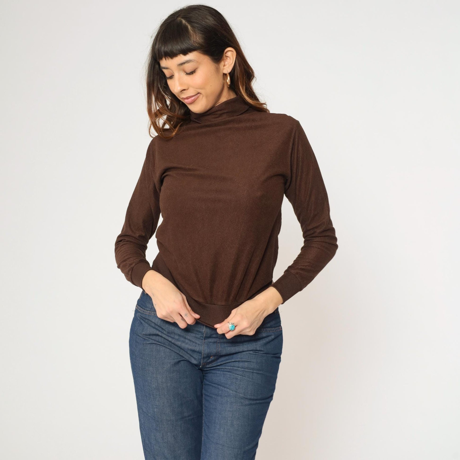 70s Brown Turtleneck Crop Top Long Sleeve Knit Shirt Extra Small XS