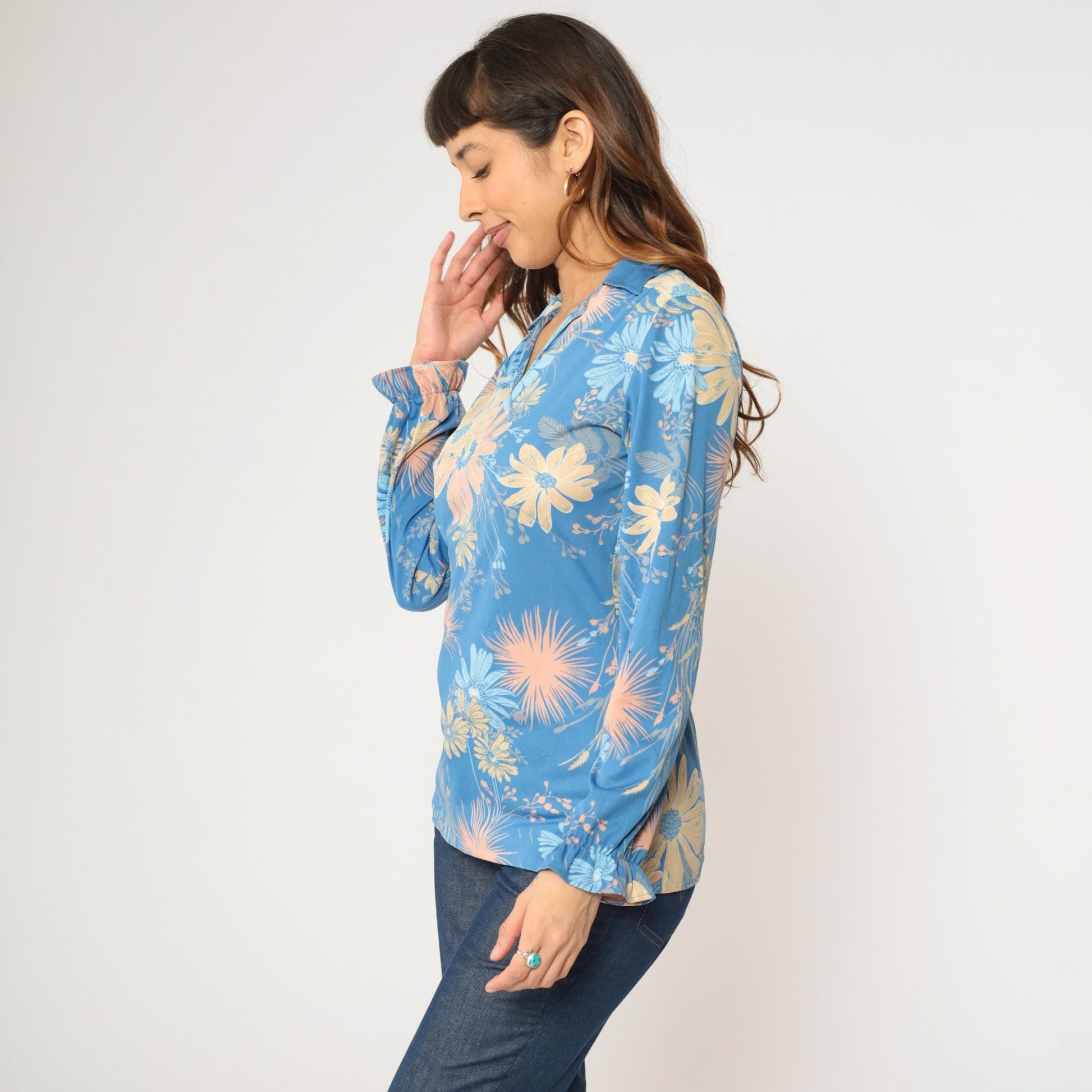 70s Floral Shirt Blue Flower Print V-Neck Pointed Collar Long Sleeve Medium