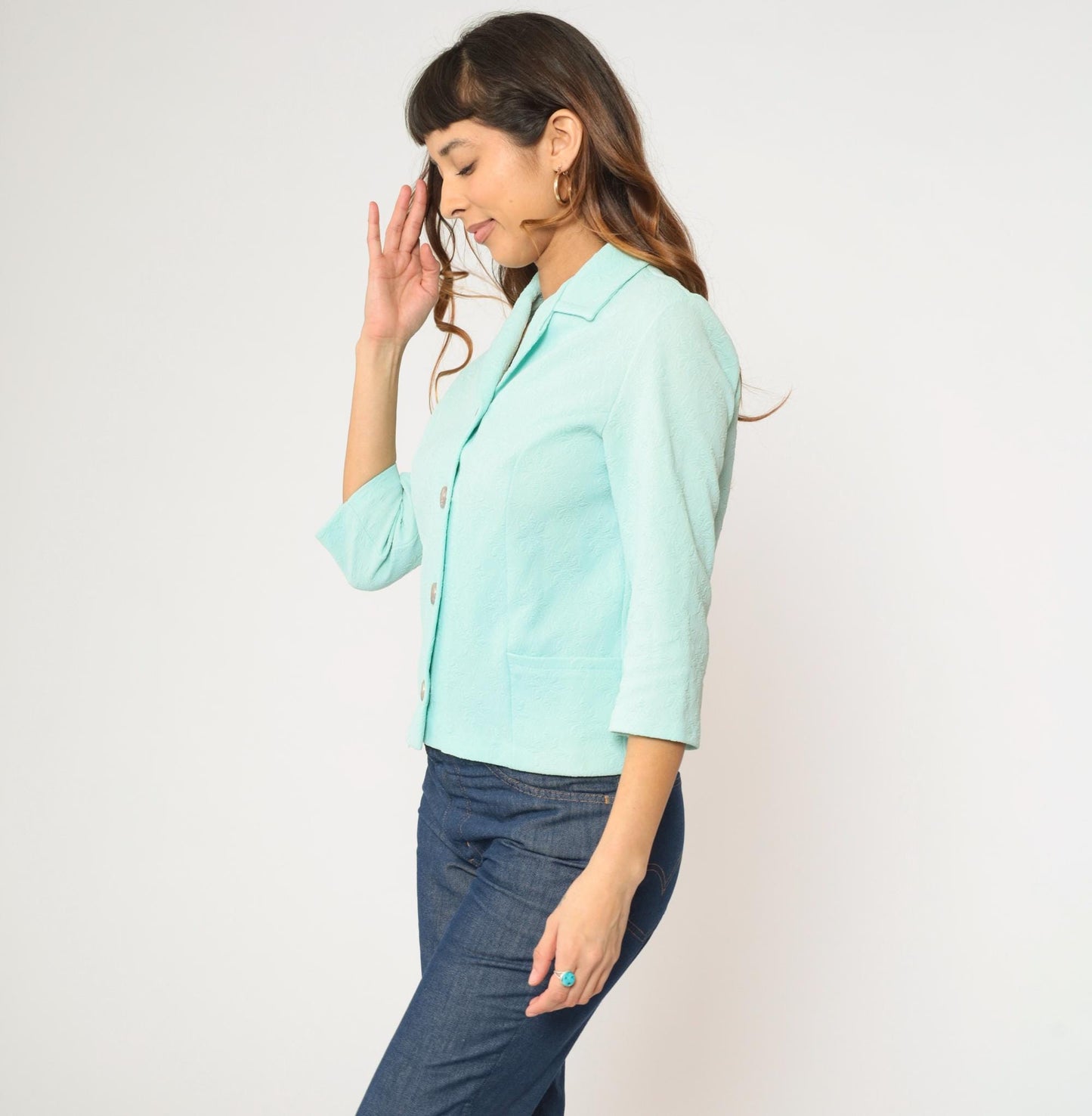 70s Pastel Turquoise Button-Up Blouse Textured Floral Polyester Collar Small