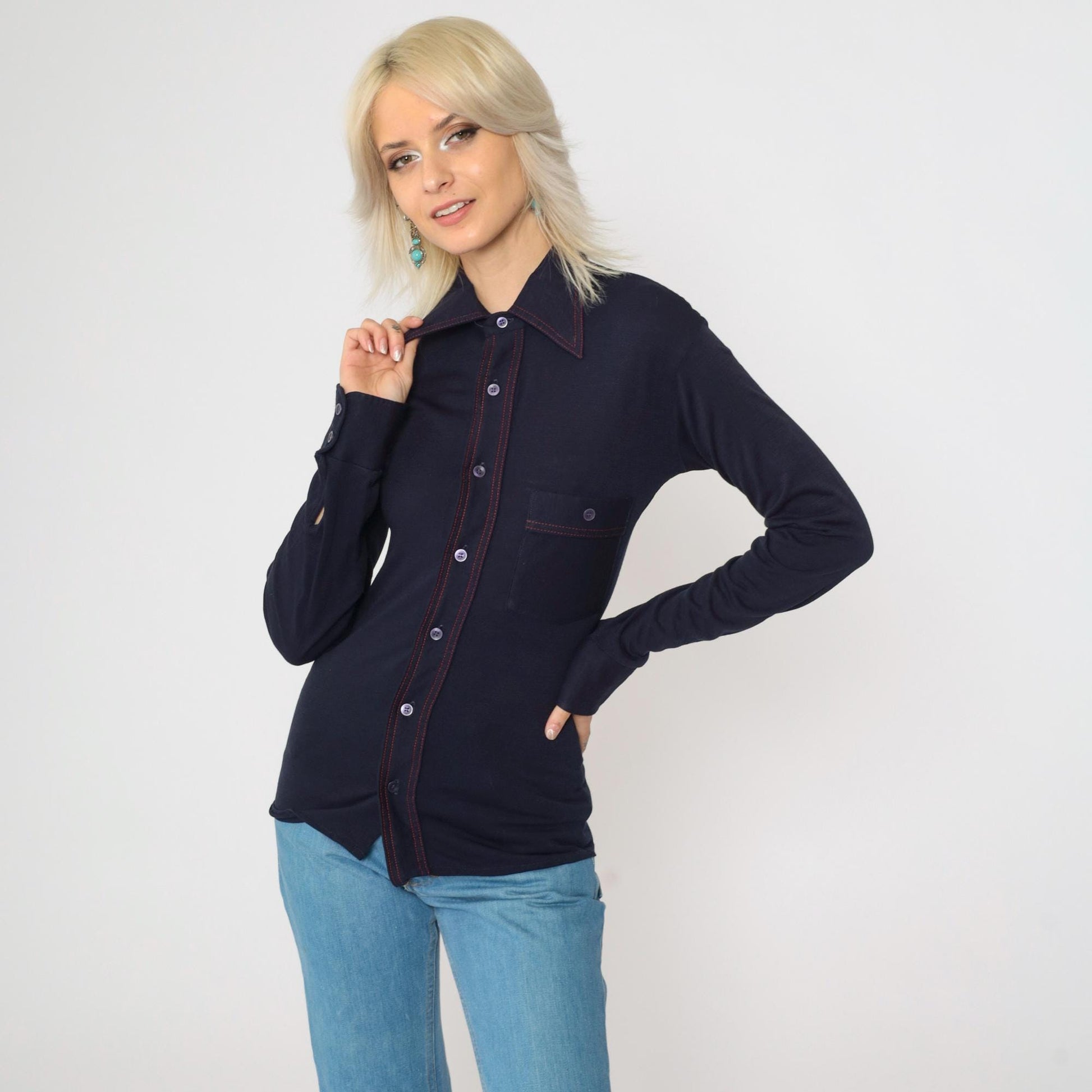 70s Navy Button-Up Shirt Dagger Collar Topstitch Red Accent Extra Small