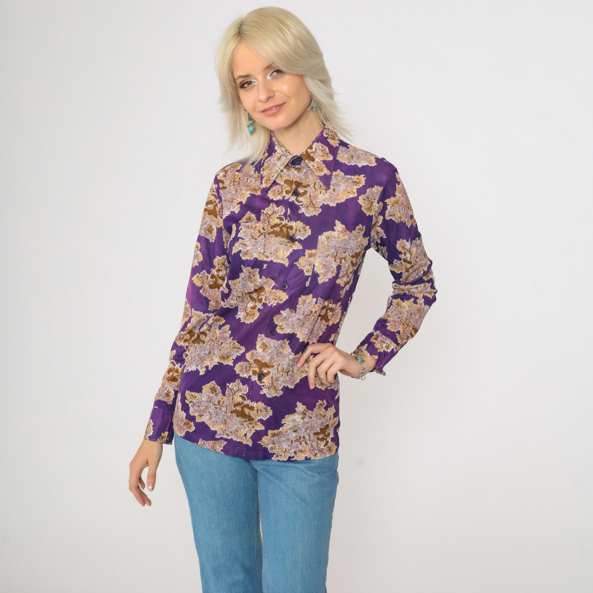 70s Purple Pastoral Lute Player Dagger Collar Shirt Long Sleeve Extra Small