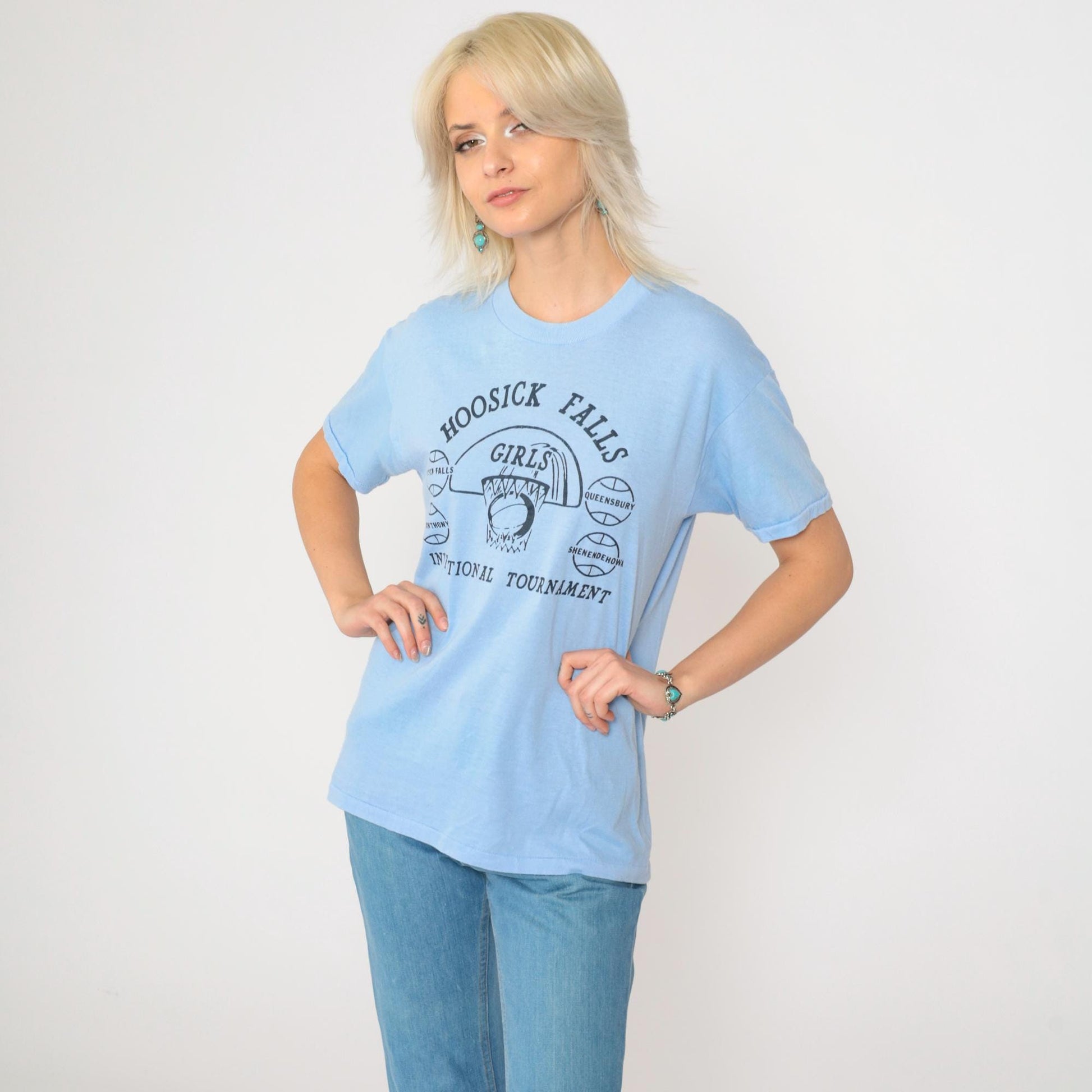 80s Hoosick Falls Girls Invitational Basketball Tournament Tee Light Blue Small