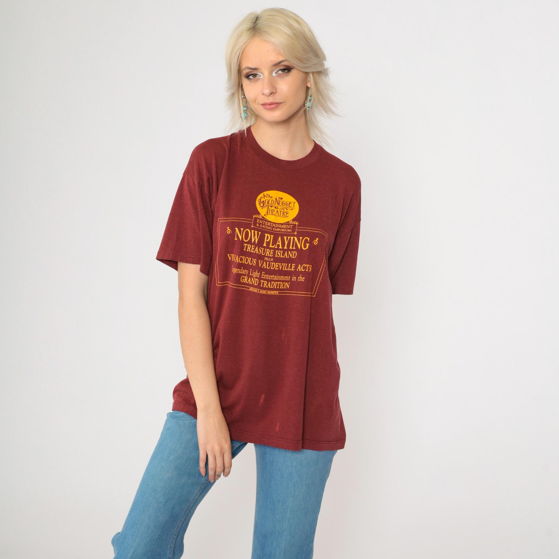 80s Gold Nugget Theatre Maroon Graphic T-Shirt Treasure Island Vaudeville Large