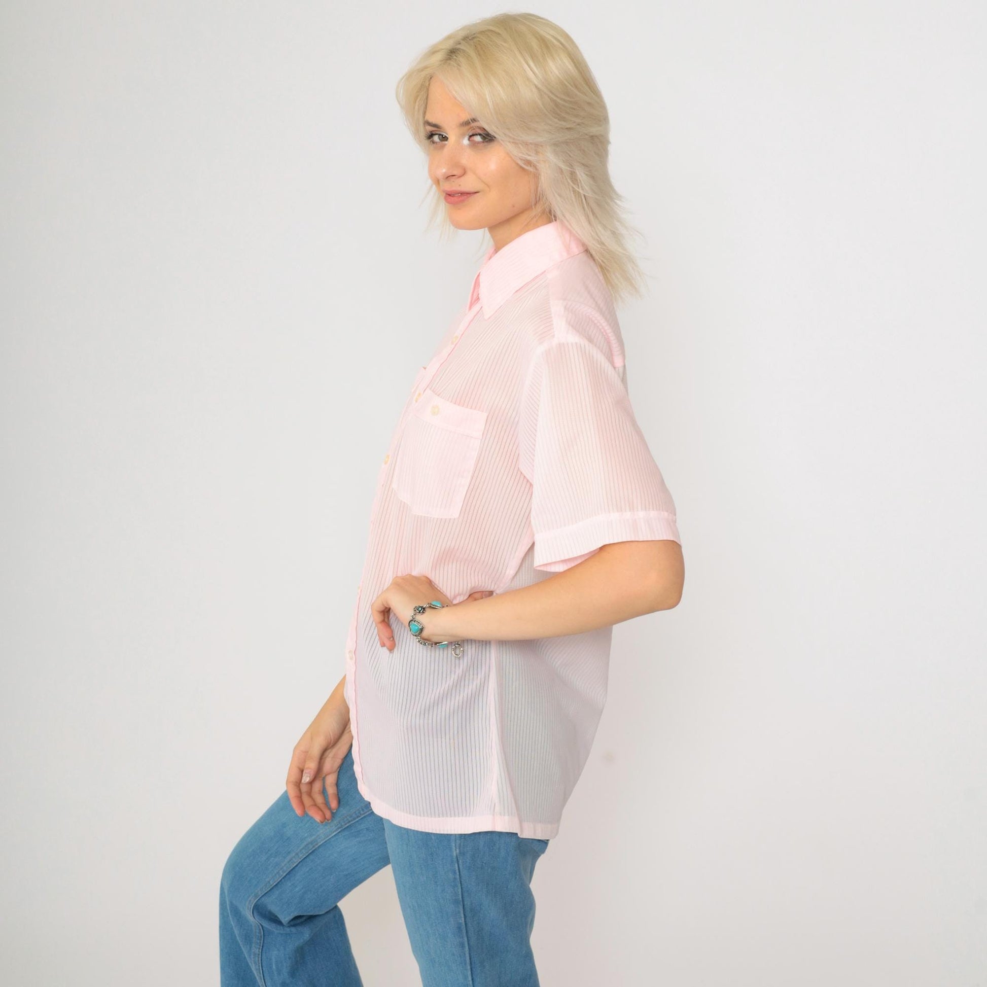 70s Sea-Aire Baby Pink Striped Button-Up Shirt Short Sleeve Men's Medium
