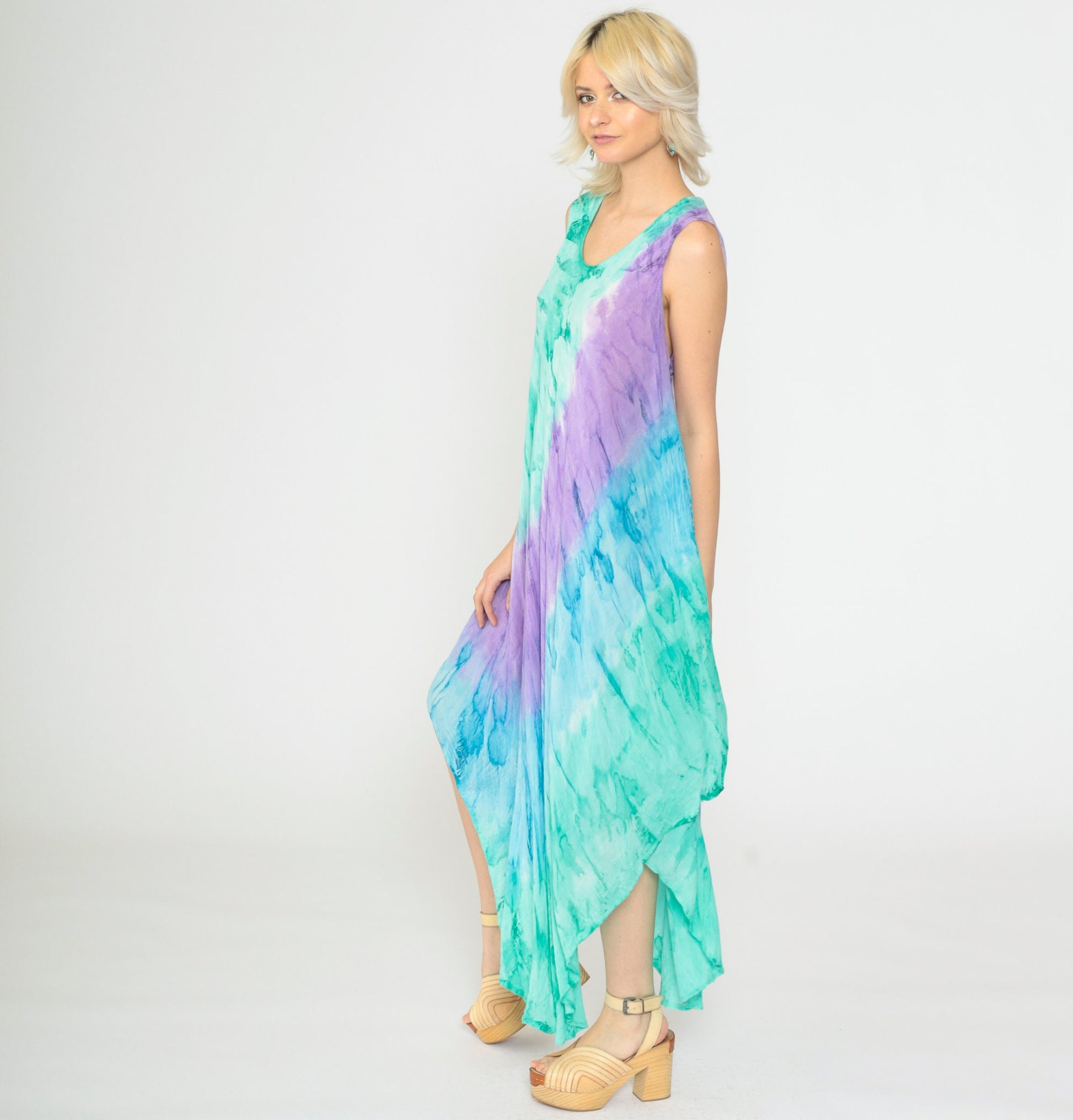Y2K Tie-Dye Asymmetrical Sundress Sleeveless Scoop Neck Green Purple Blue XXL