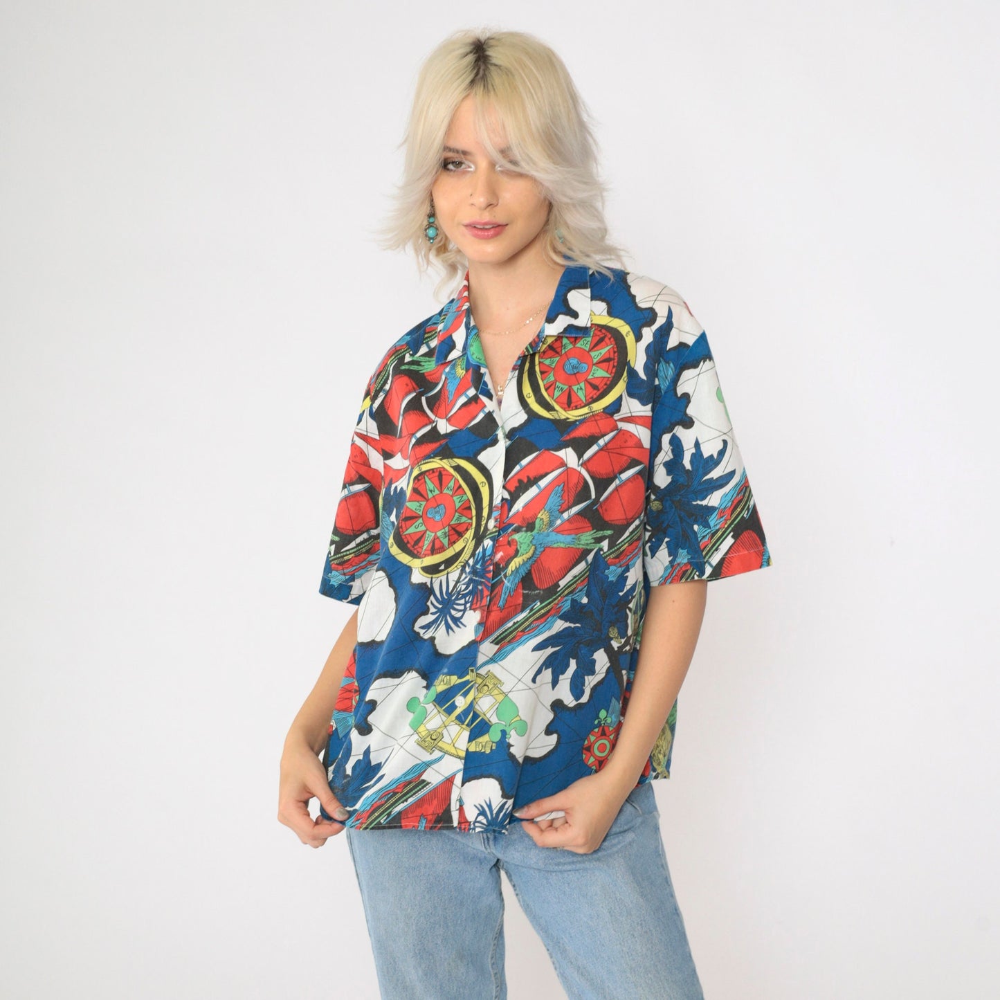 90s Nautical Print Button-Up Shirt Compass Parrot Globe Map Short Sleeve Large