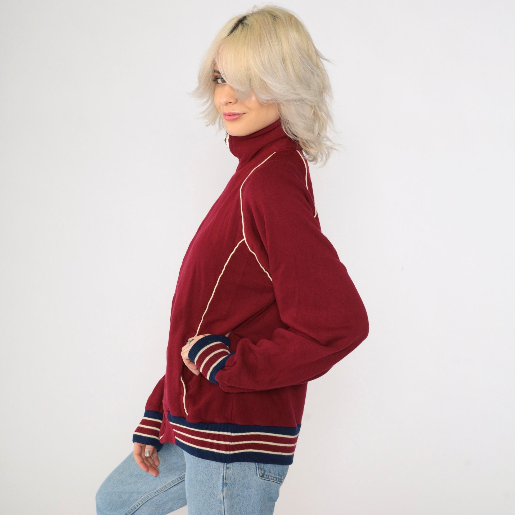 80s Burgundy Track Jacket Zip Up Sweatshirt White Striped Raglan Medium M