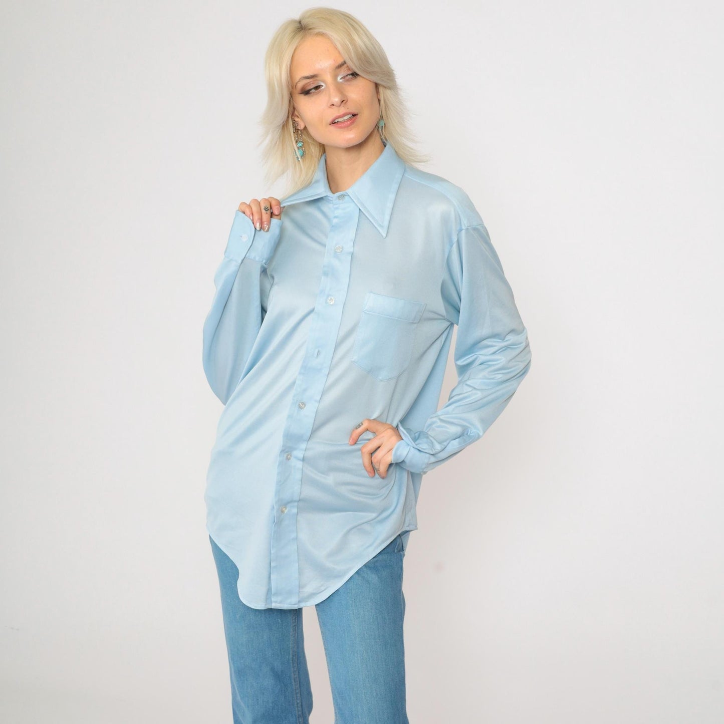 70s Baby Blue Dagger Collar Button-Up Shirt Disco Oxford Long Sleeve Medium