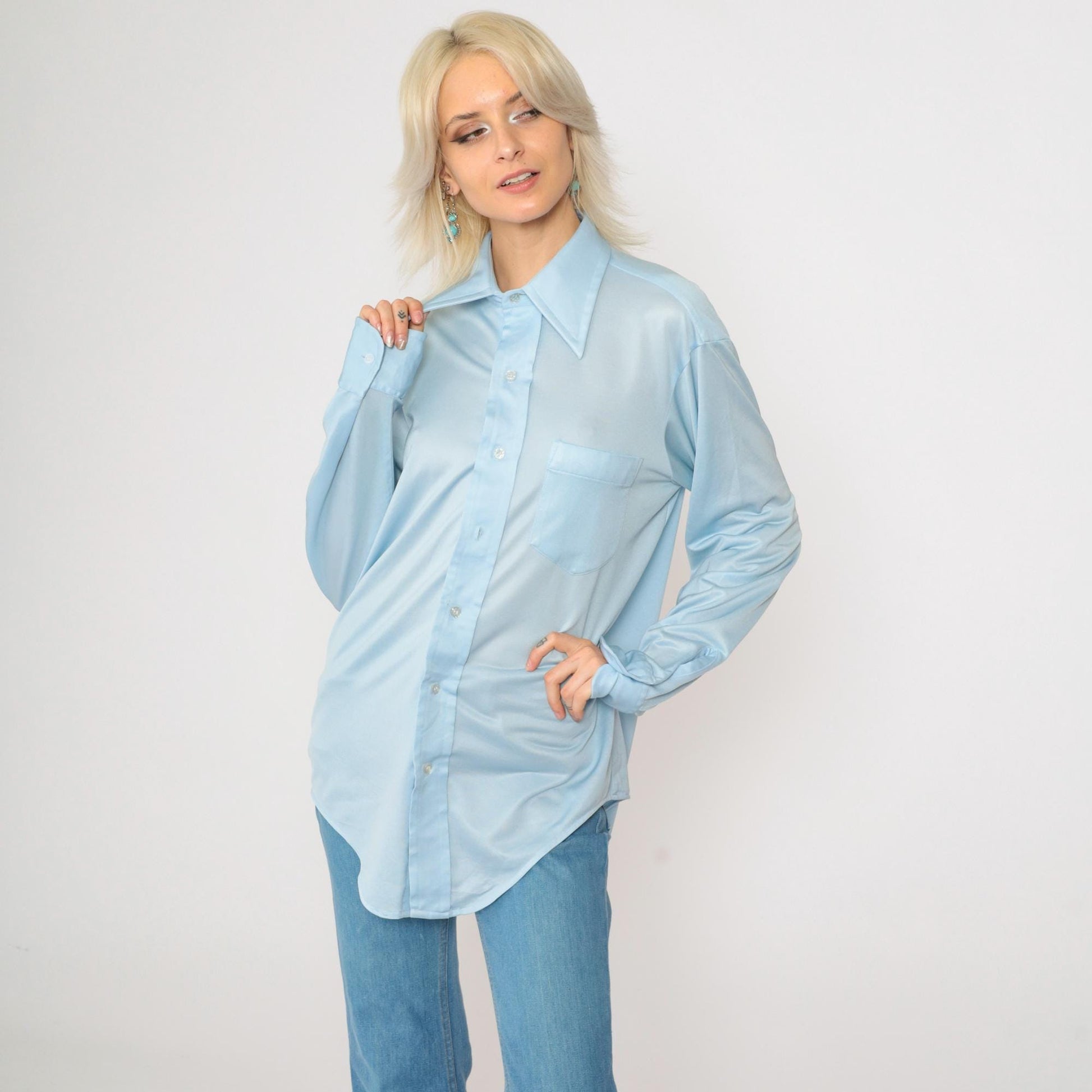 70s Baby Blue Dagger Collar Button-Up Shirt Disco Oxford Long Sleeve Medium