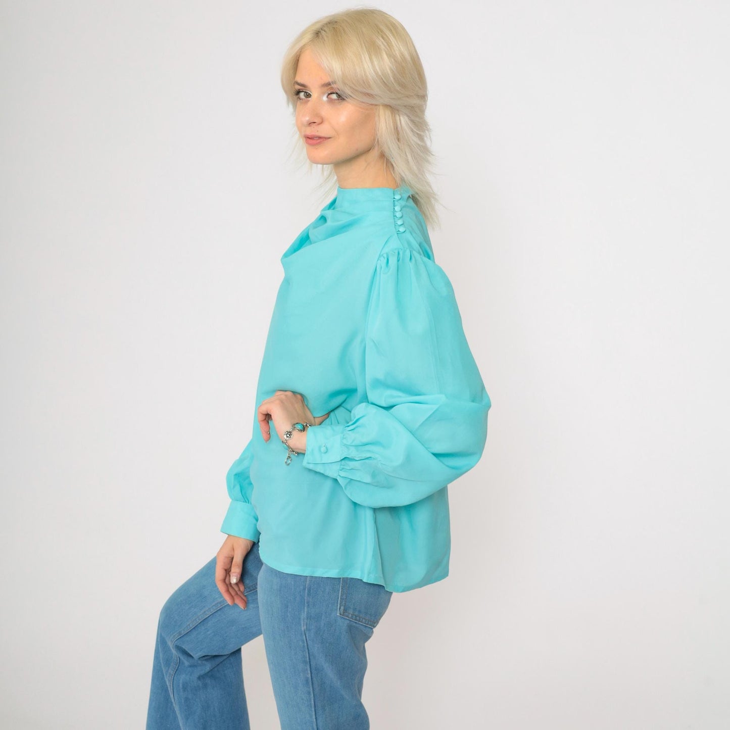70s Diane Von Furstenberg Cowl Neck Blouse Aqua Blue Long Sleeve Medium