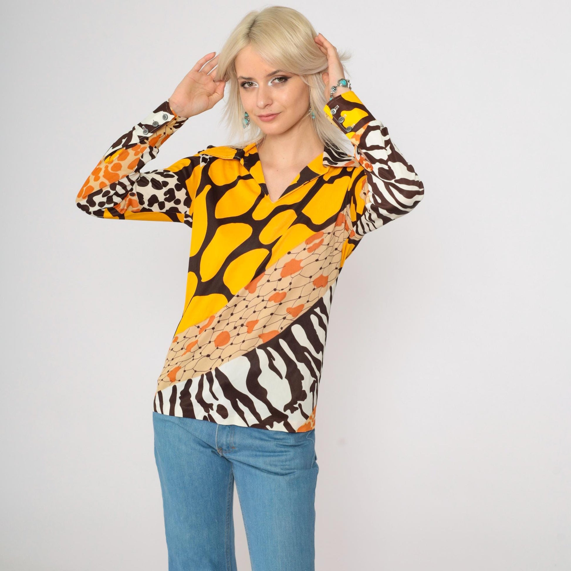 70s Mixed Animal Print Blouse Long Sleeve V-Neck Yellow Brown Small