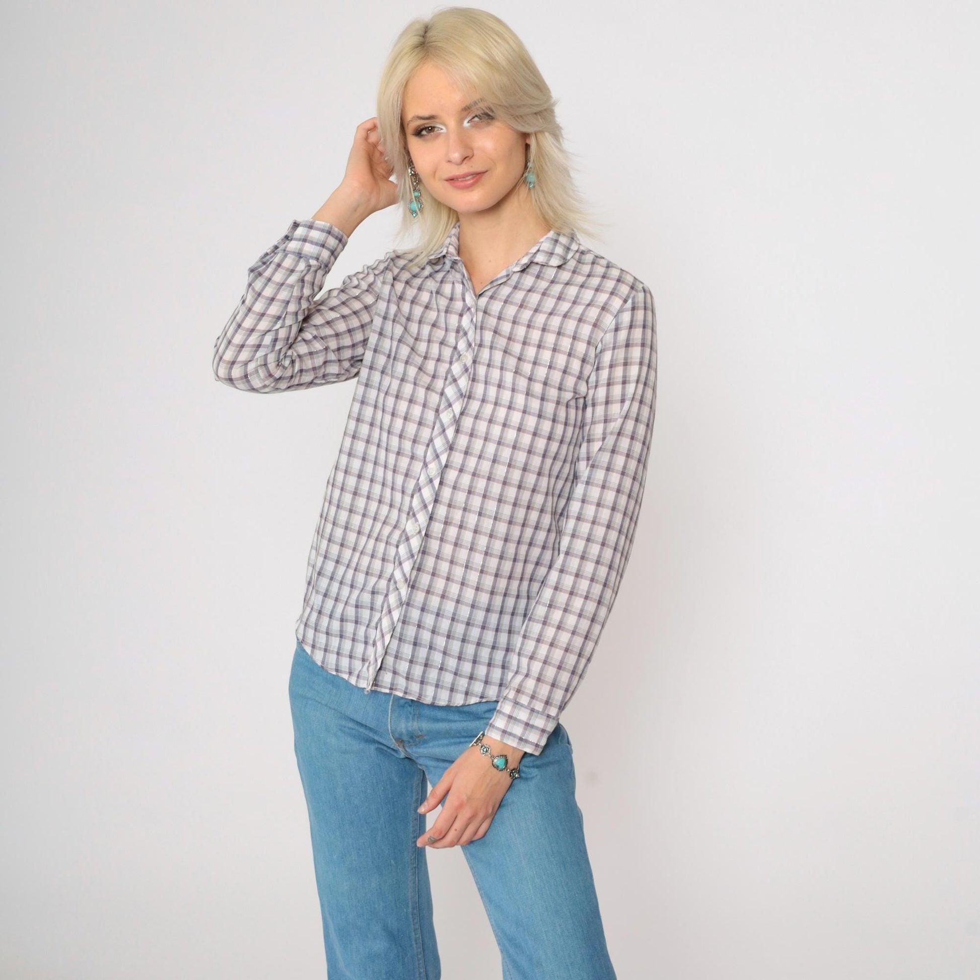 80s Metallic Plaid Button-Up Blouse Long Sleeve Shirt Extra Small XS