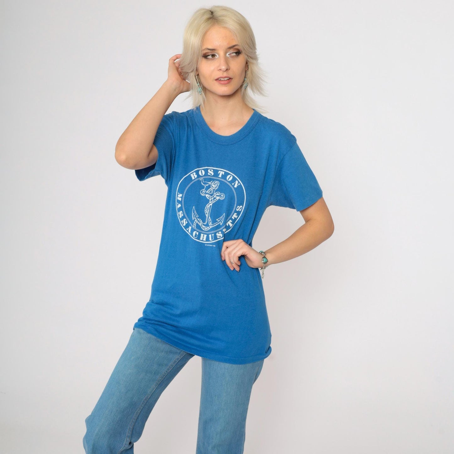 80s Boston Anchor Graphic T-Shirt Blue Single Stitch Tee Small