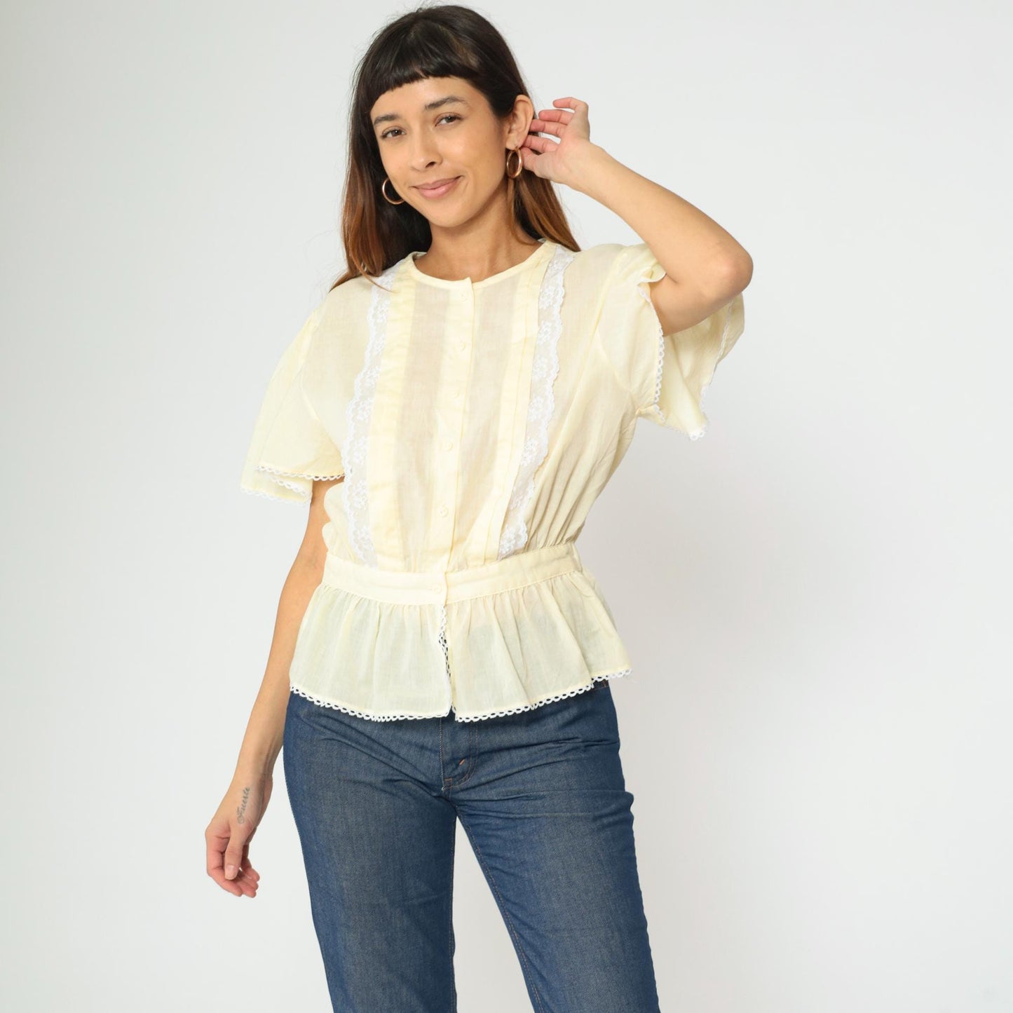 80s Pastel Yellow Puff Sleeve Blouse Lace Trim Peplum Button Up Medium