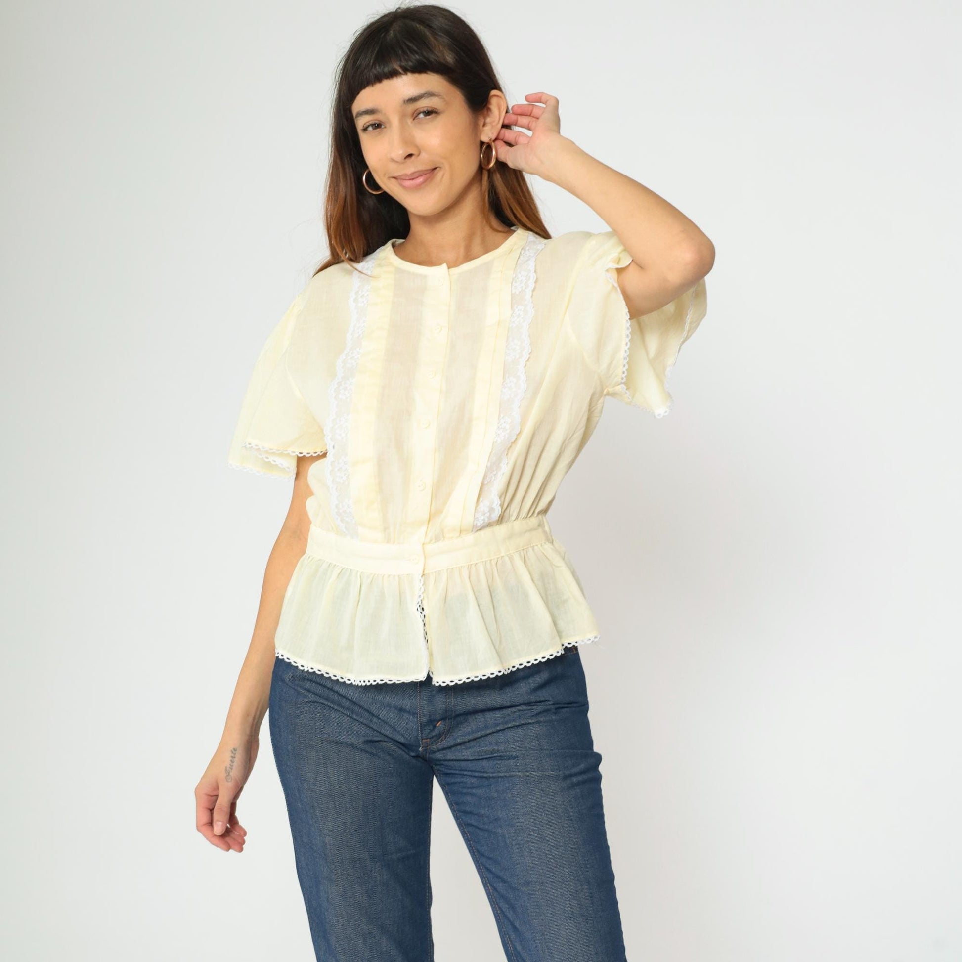 80s Pastel Yellow Puff Sleeve Blouse Lace Trim Peplum Button Up Medium