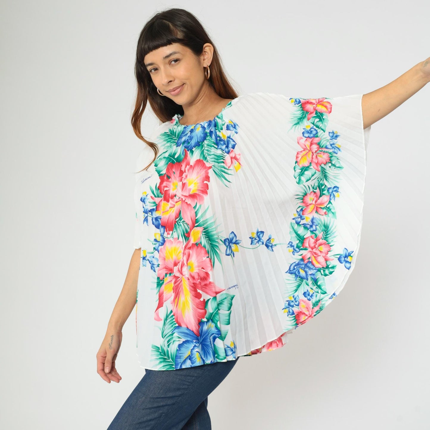 70s Royal Creations Hawaiian Caftan Top Floral Pleated Kimono One Size