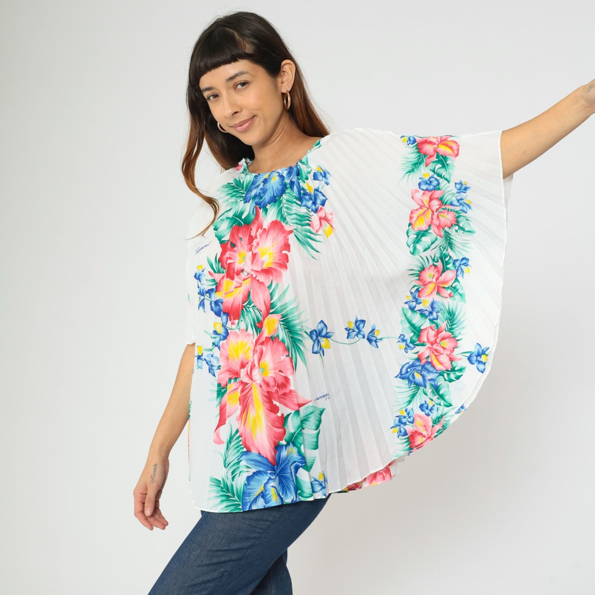 70s Royal Creations Hawaiian Caftan Top Floral Pleated Kimono One Size