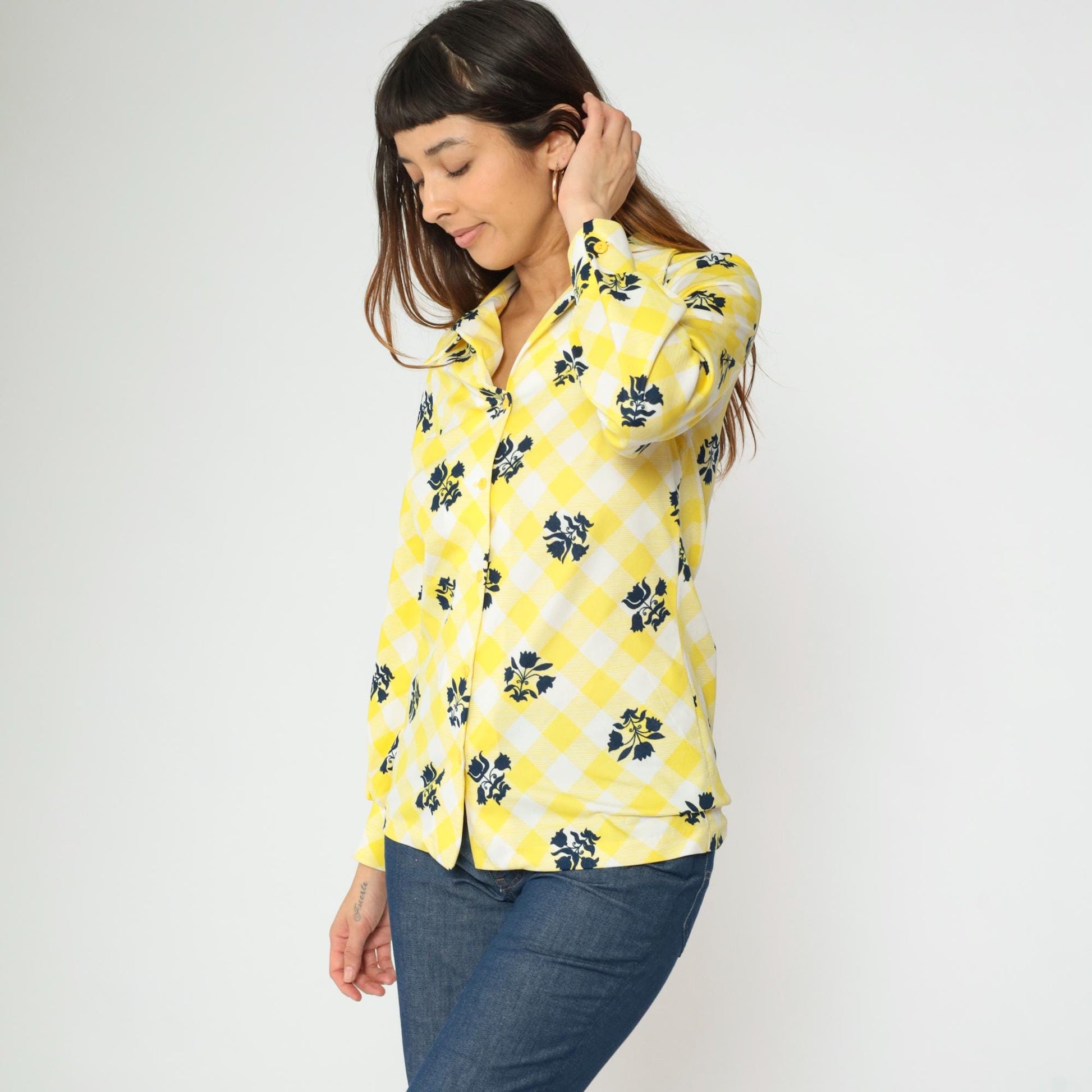 70s Checkered Floral Yellow Button-Up Blouse Long Sleeve Collared Shirt Small