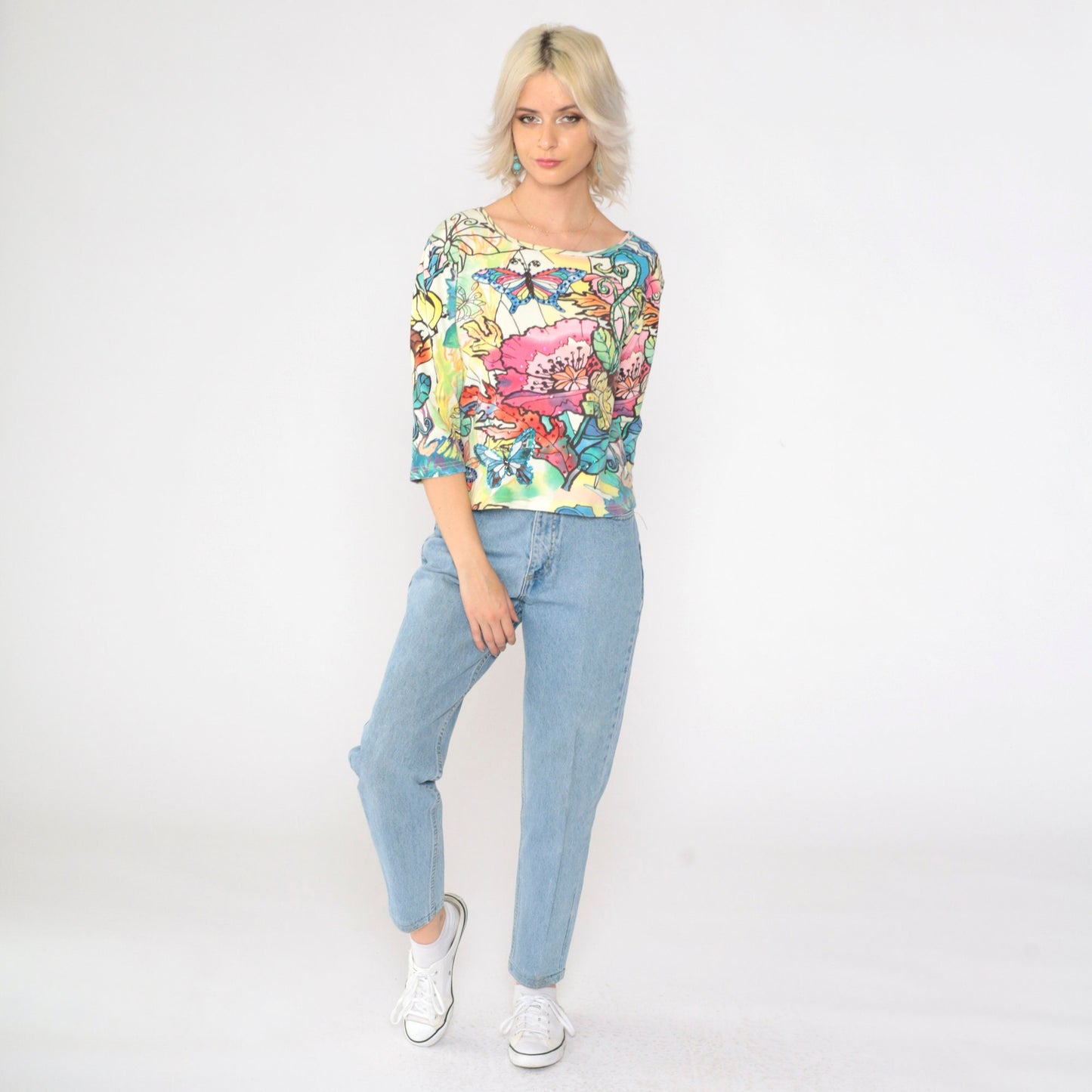 90s Sequin Butterfly Floral Blouse Multicolor Print Scoop Neck Small S
