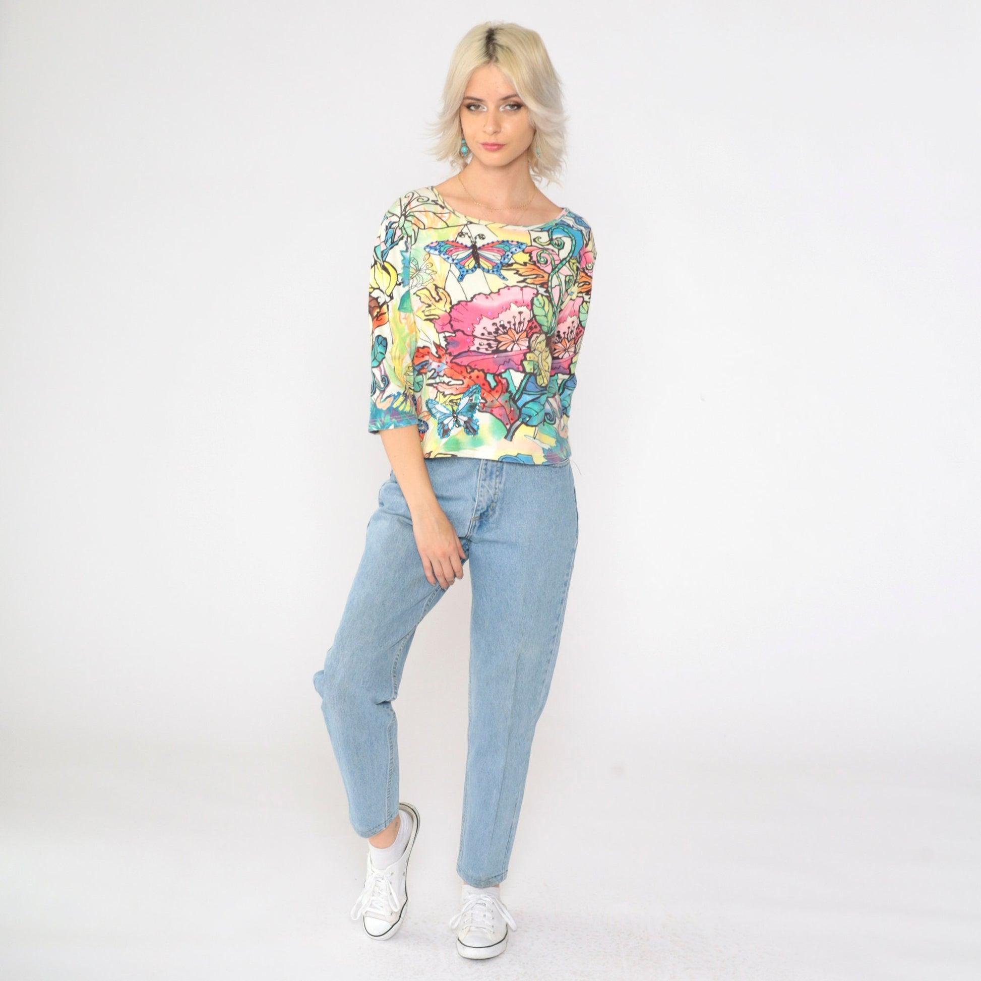 90s Sequin Butterfly Floral Blouse Multicolor Print Scoop Neck Small S