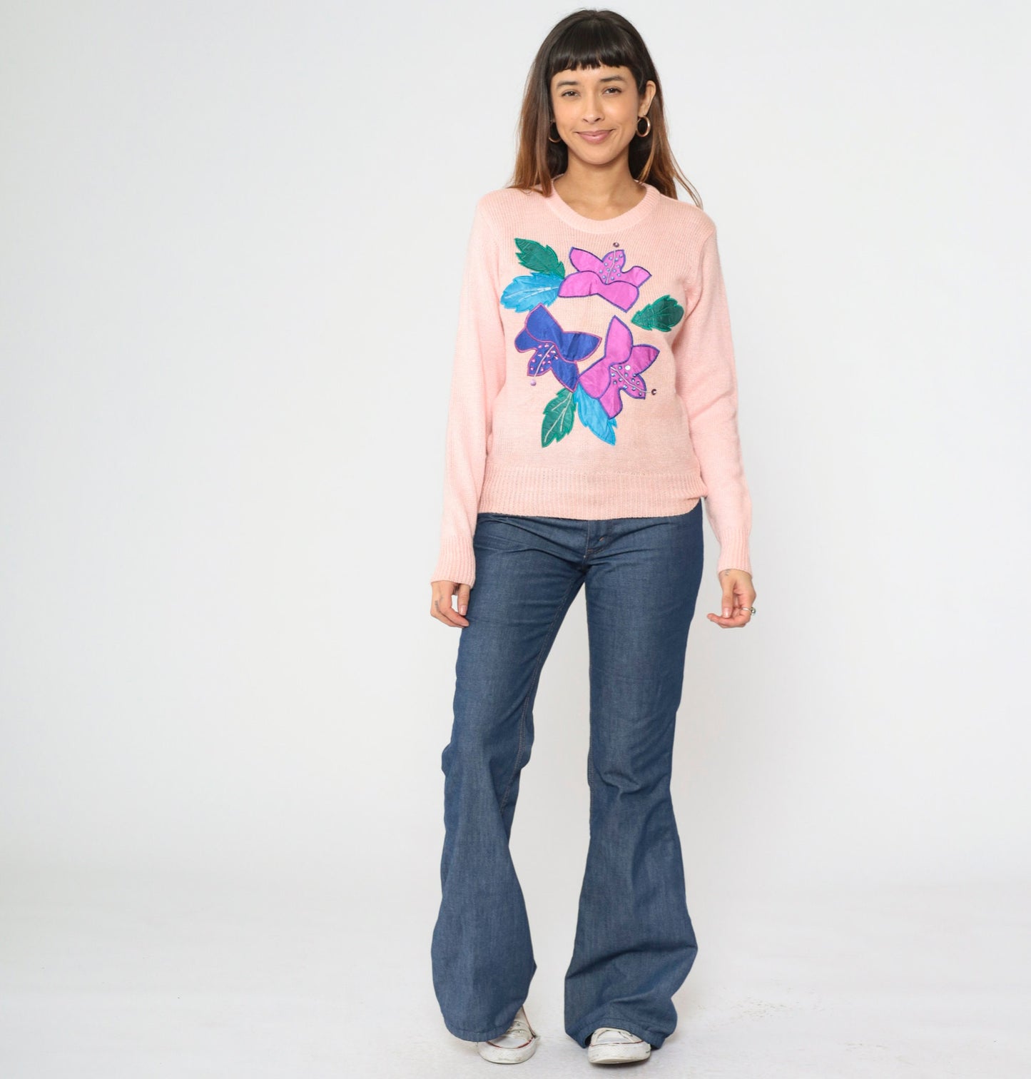 90s Baby Pink Sequin Floral Knit Sweater Beaded Crewneck Small