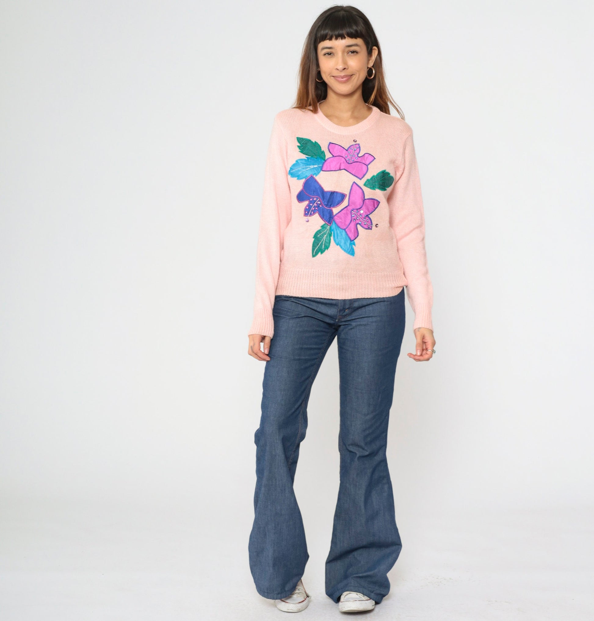 90s Baby Pink Sequin Floral Knit Sweater Beaded Crewneck Small