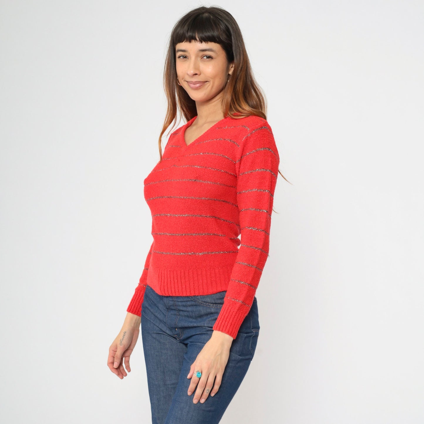70s Metallic Striped Sweater Red Silver V-Neck Pullover Knit Small
