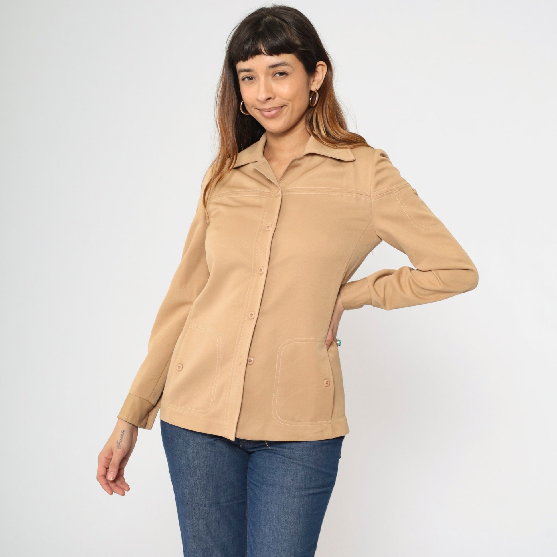 70s Tan Button-Up Blouse Dagger Collar Long Sleeve Pocket Shirt Small