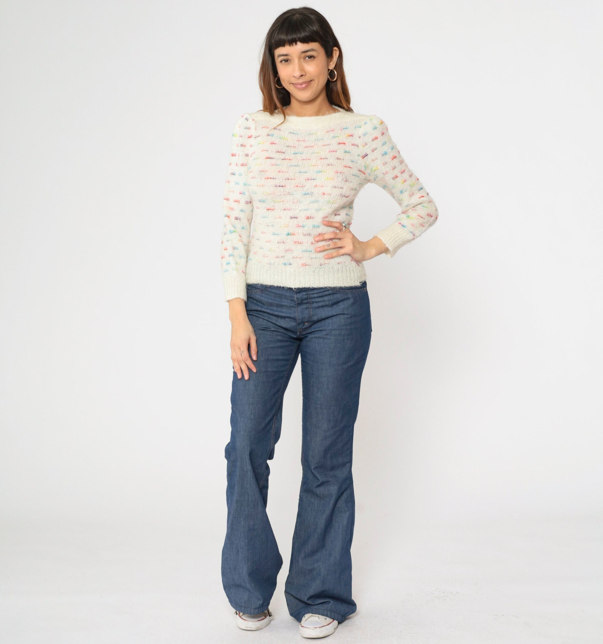80s White Rainbow Striped Puff Sleeve Knit Sweater Boatneck Pullover XS