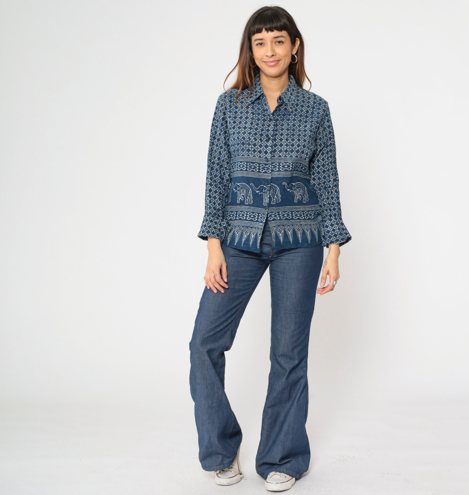 Y2K Blue Batik Elephant Print Button-Up Blouse Long Sleeve Medium