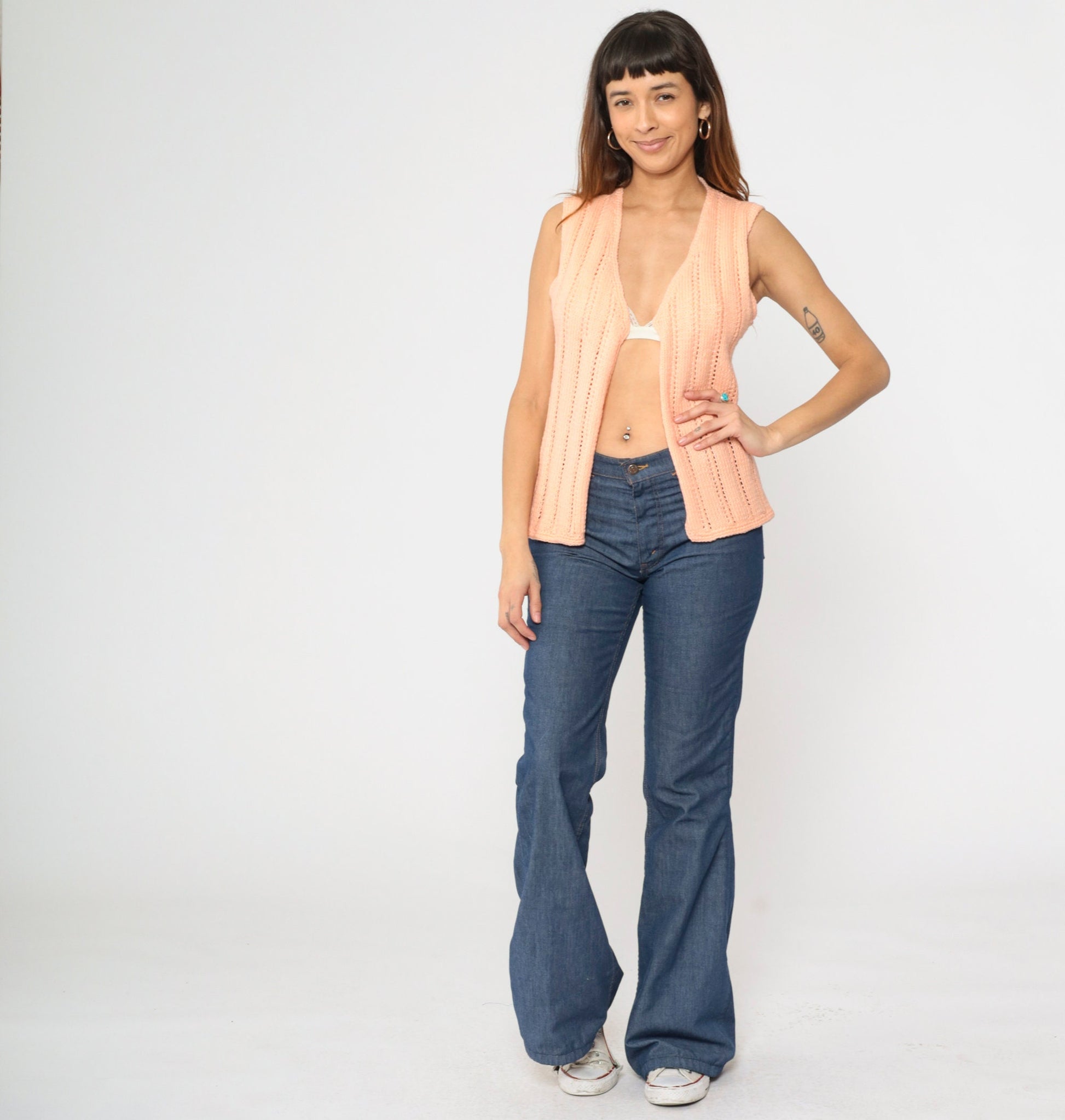 70s Peach Knit Vest Open Front Openwork Sleeveless Top Small