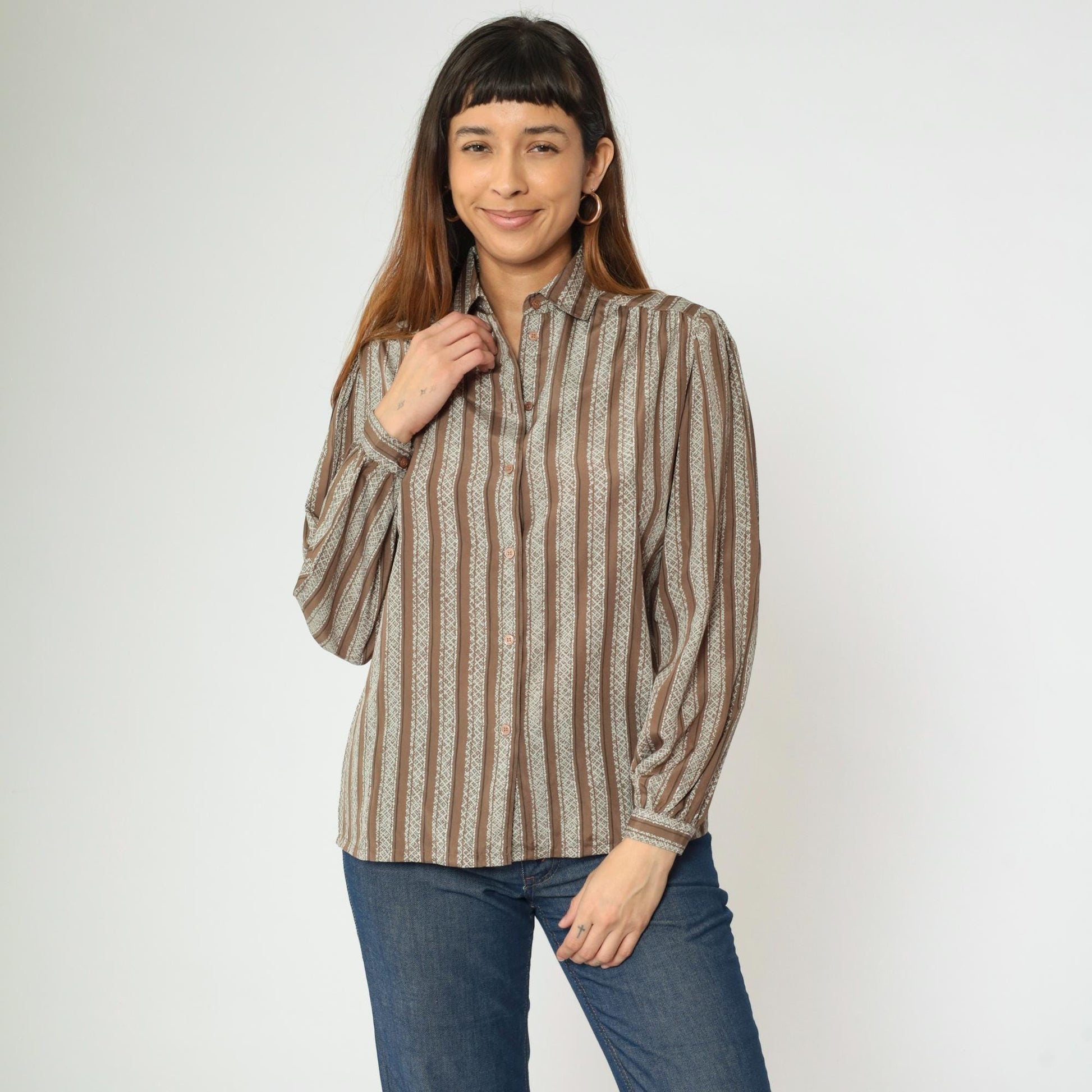 80s Brown & White Striped Puff Sleeve Blouse Collared Button Up Medium