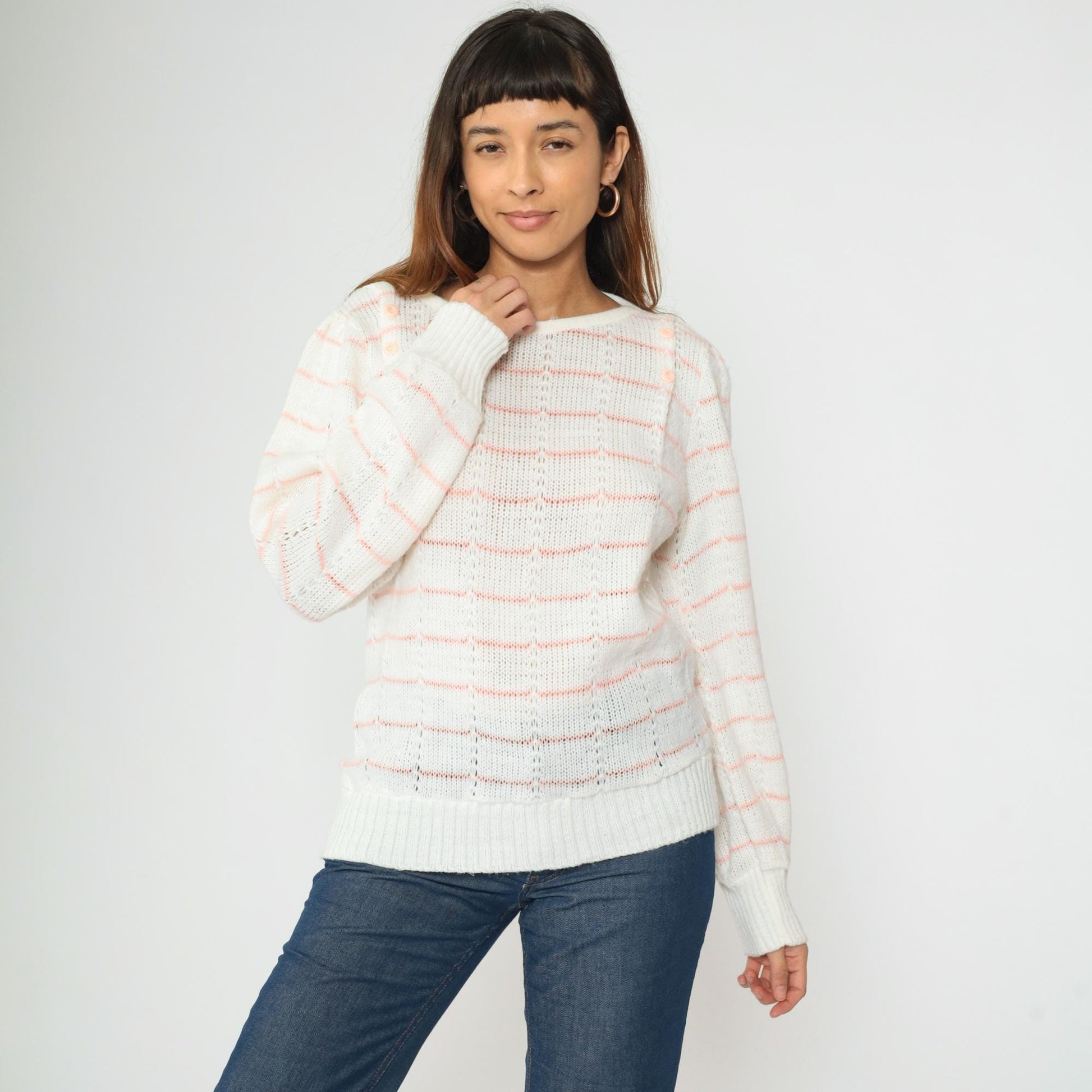 80s White Pink Striped Puff Sleeve Knit Sweater Boatneck Pullover Small Medium